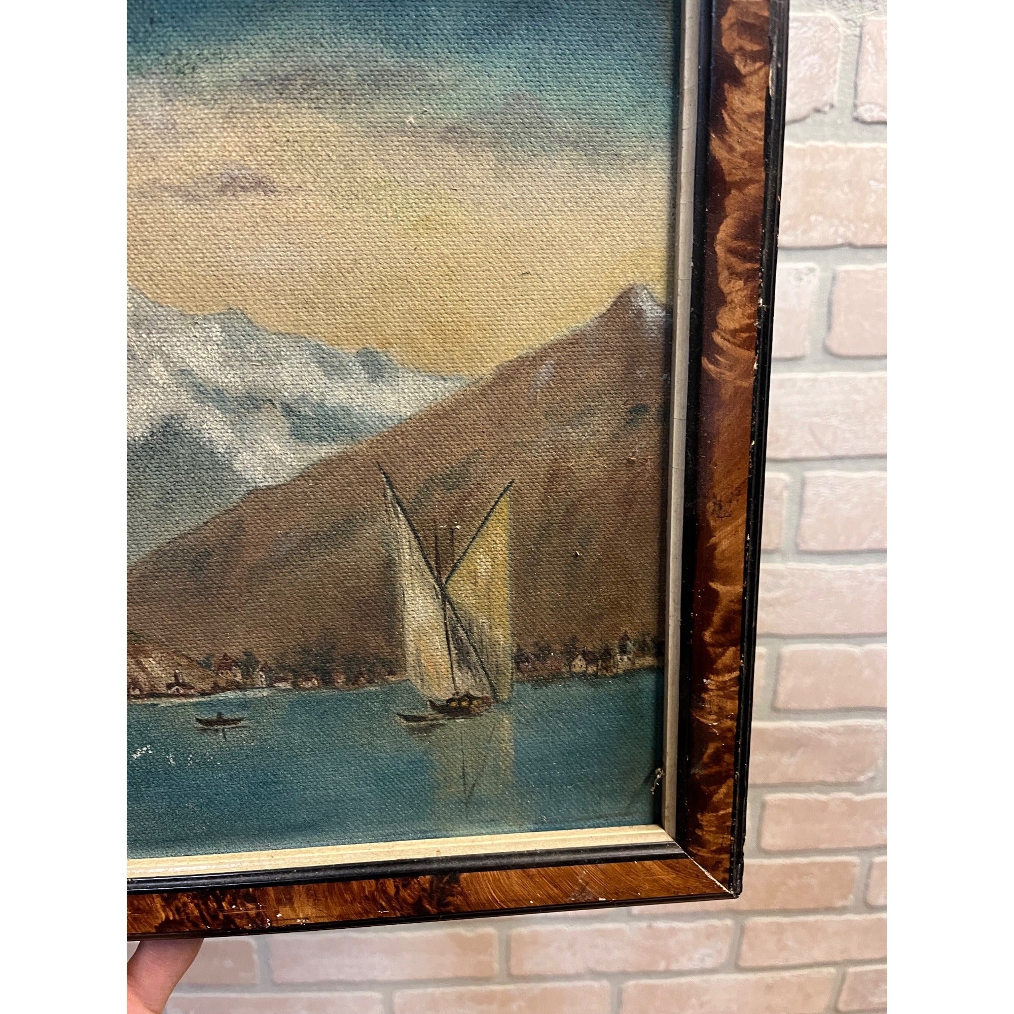 Original 1923 European Mountain Lake Painting Alpine Castle Scene Framed Art