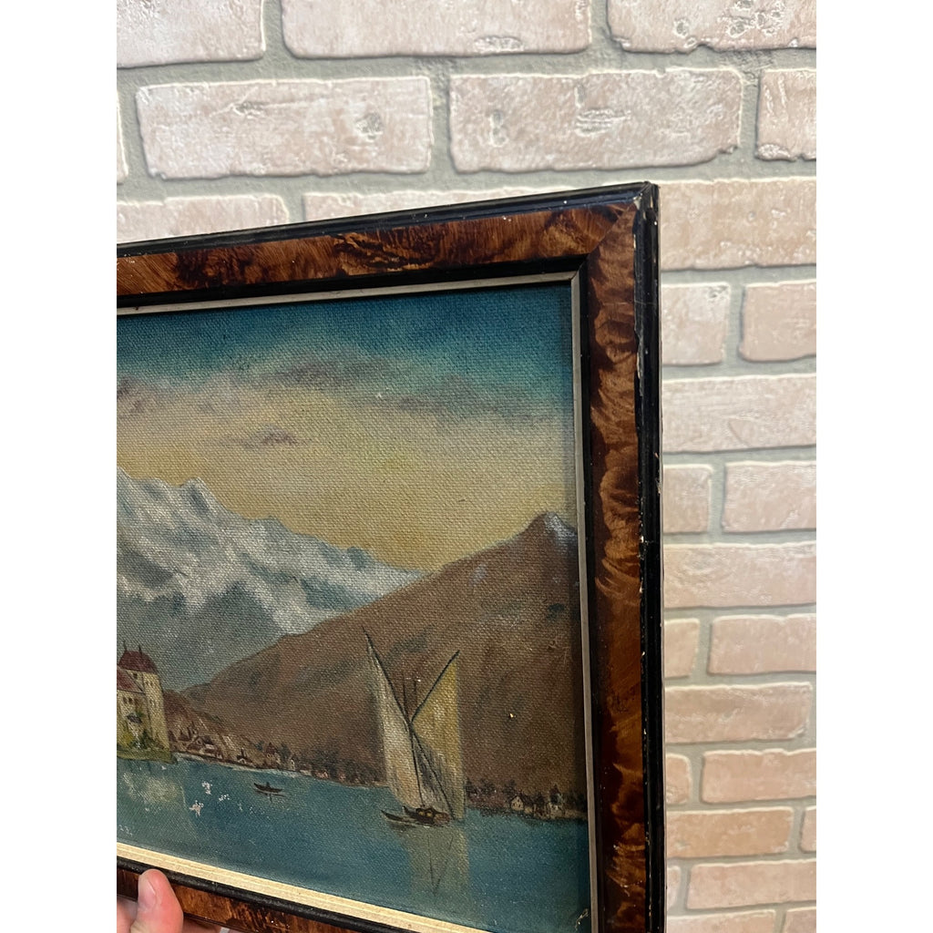 Original 1923 European Mountain Lake Painting Alpine Castle Scene Framed Art