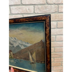 Original 1923 European Mountain Lake Painting Alpine Castle Scene Framed Art