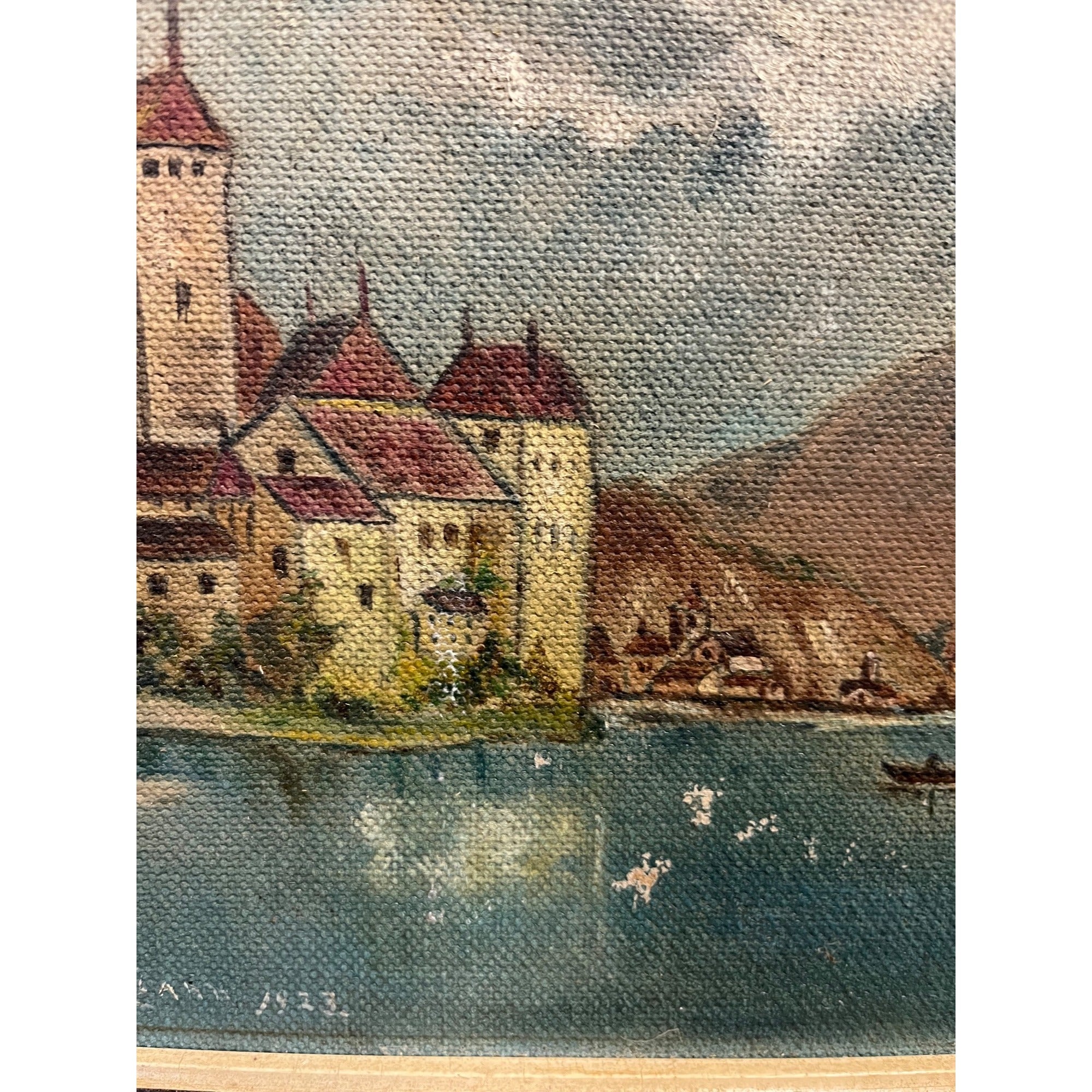 Original 1923 European Mountain Lake Painting Alpine Castle Scene Framed Art