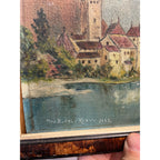 Original 1923 European Mountain Lake Painting Alpine Castle Scene Framed Art