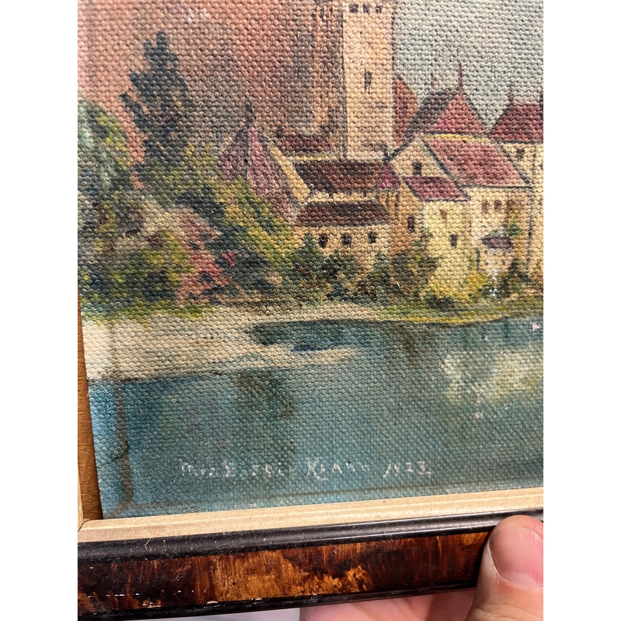 Original 1923 European Mountain Lake Painting Alpine Castle Scene Framed Art