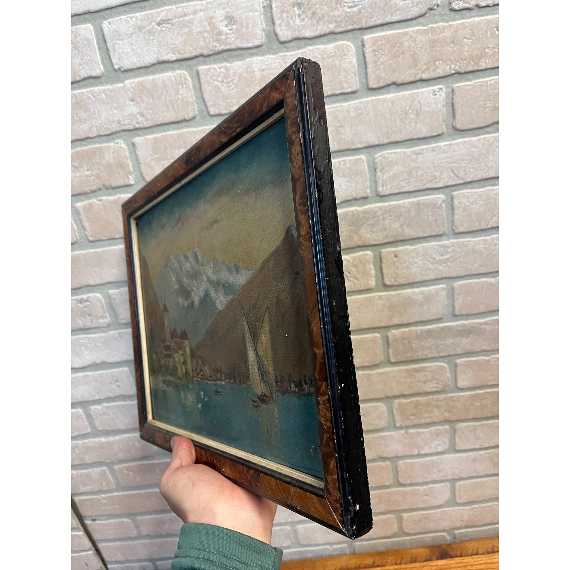 Original 1923 European Mountain Lake Painting Alpine Castle Scene Framed Art