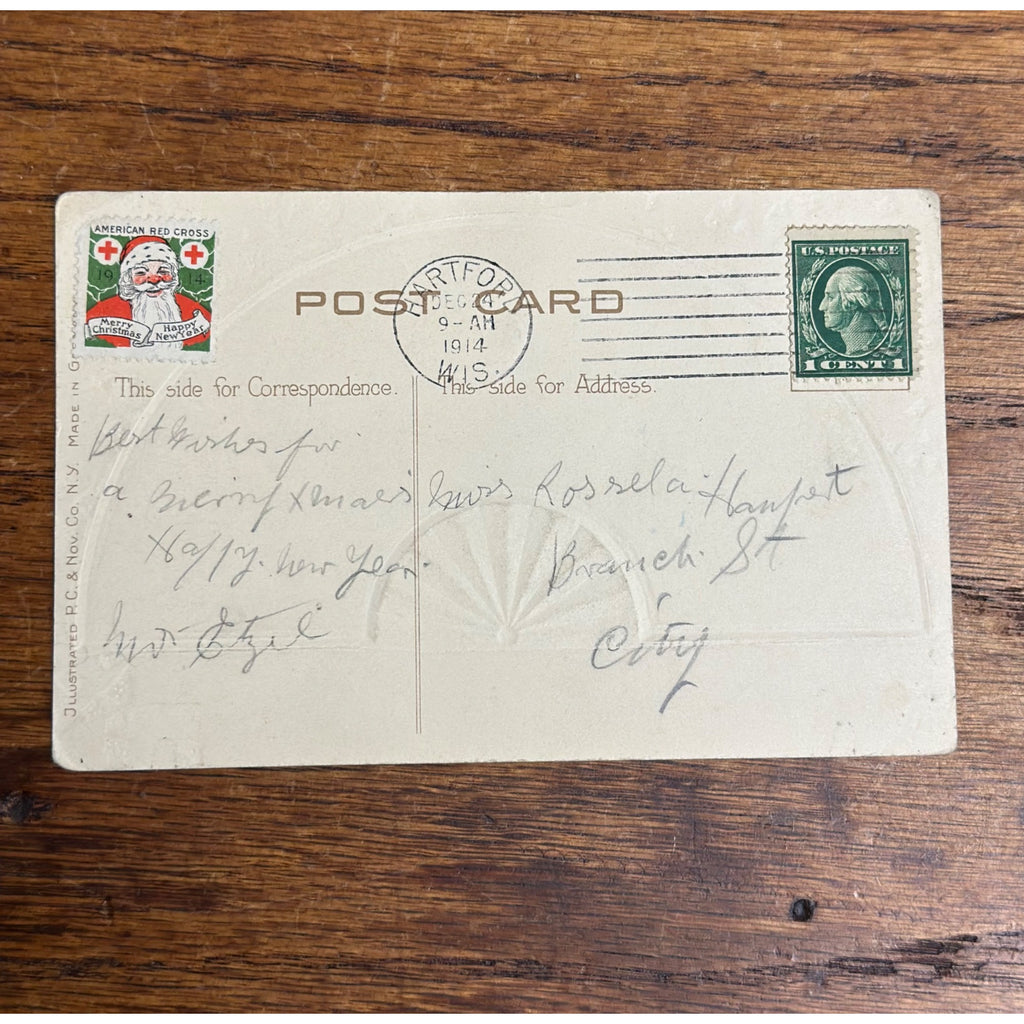 Vintage 1914 Christmas Postcard w/ Christmas Seal Tied American Red Cross