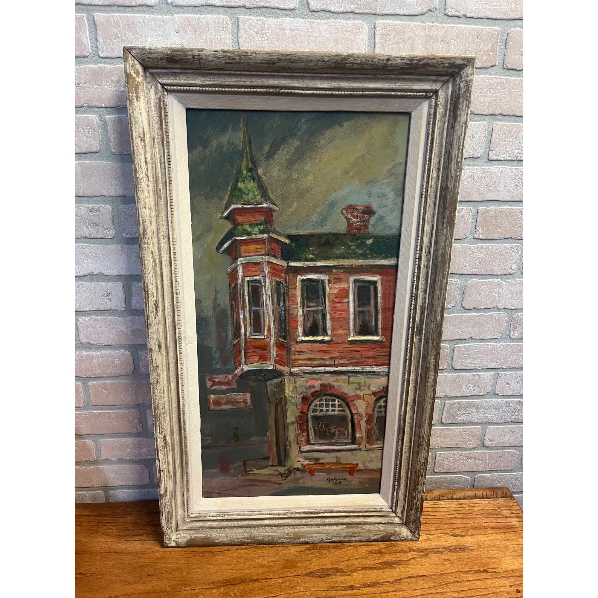 Vintage Framed Oil on Board Painting 1954 Milwaukee, WI Corner Drug Store Street Scene MCM Wisconsin Art