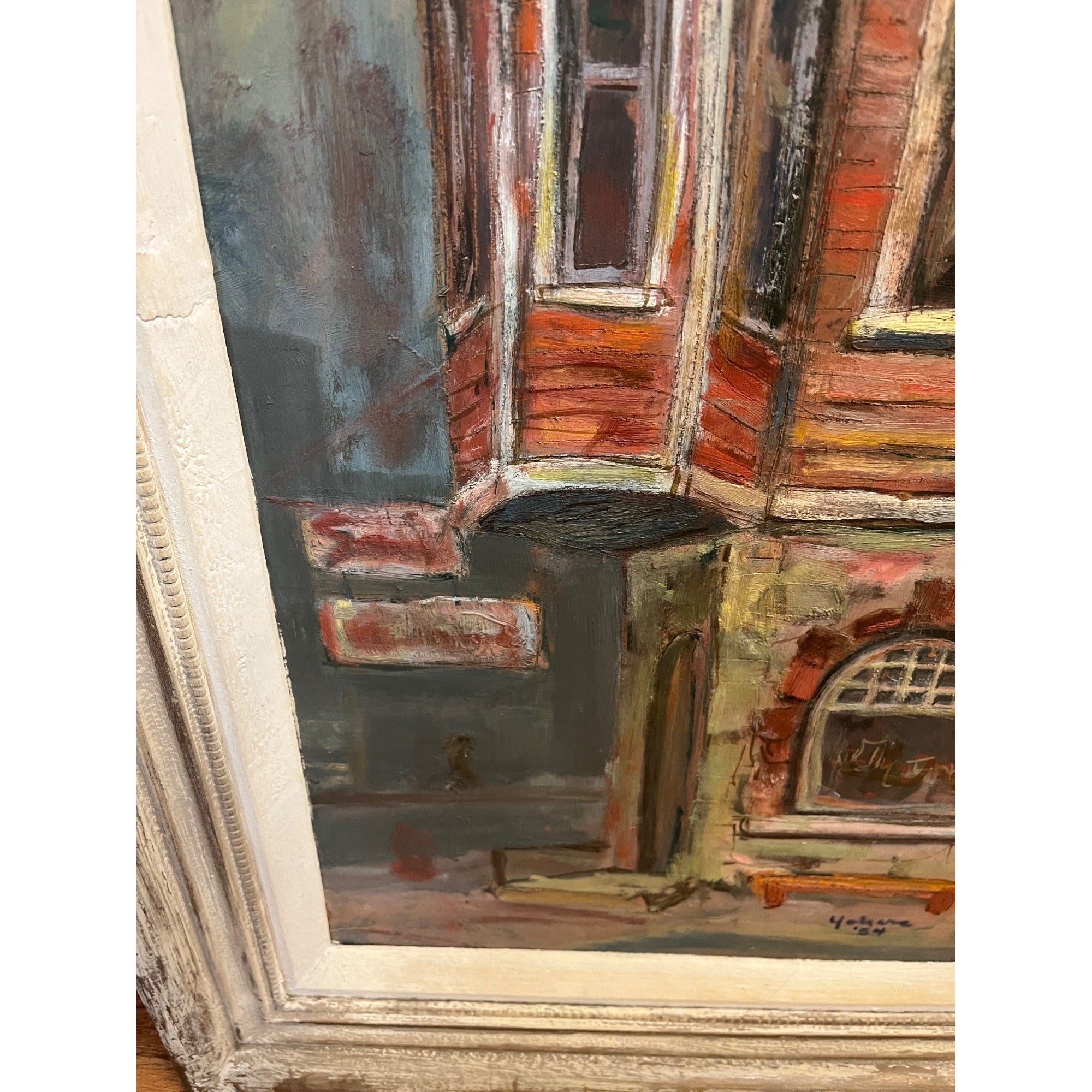 Vintage Framed Oil on Board Painting 1954 Milwaukee, WI Corner Drug Store Street Scene MCM Wisconsin Art