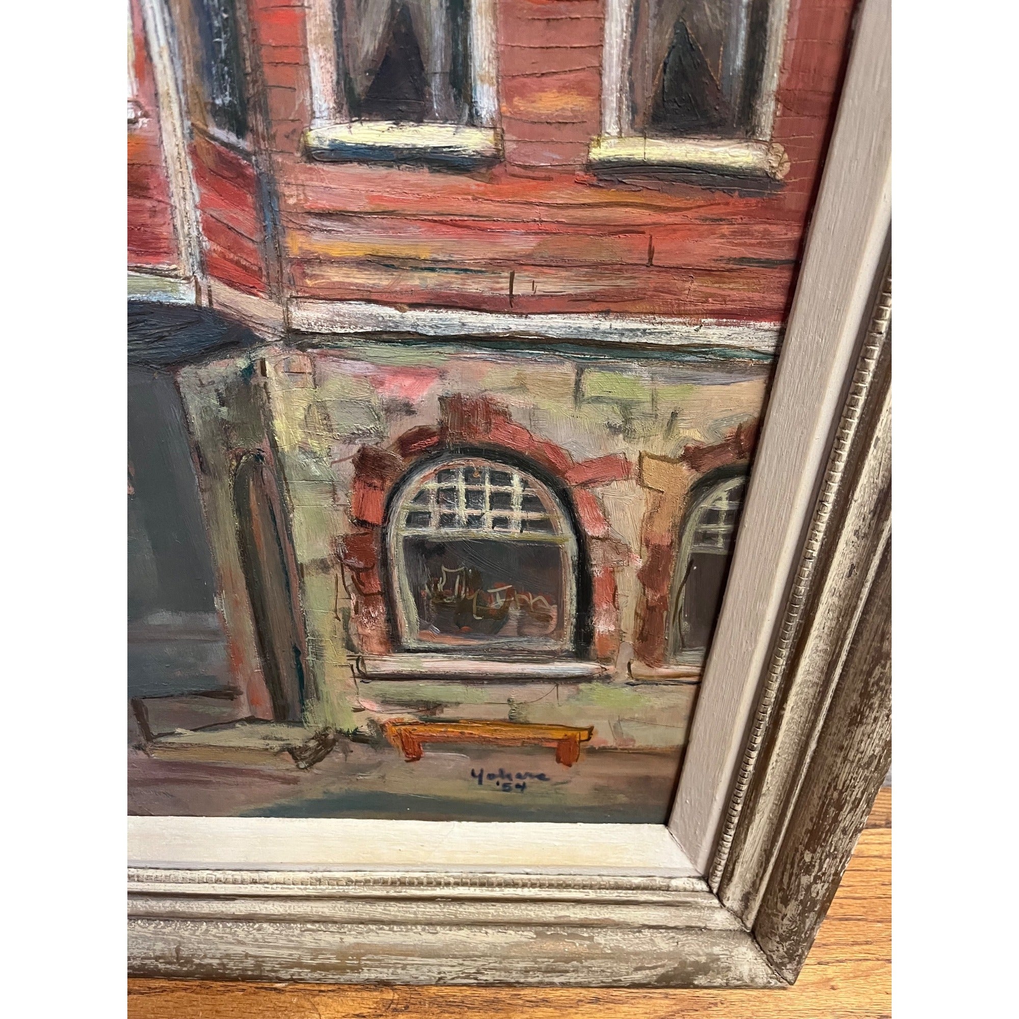 Vintage Framed Oil on Board Painting 1954 Milwaukee, WI Corner Drug Store Street Scene MCM Wisconsin Art