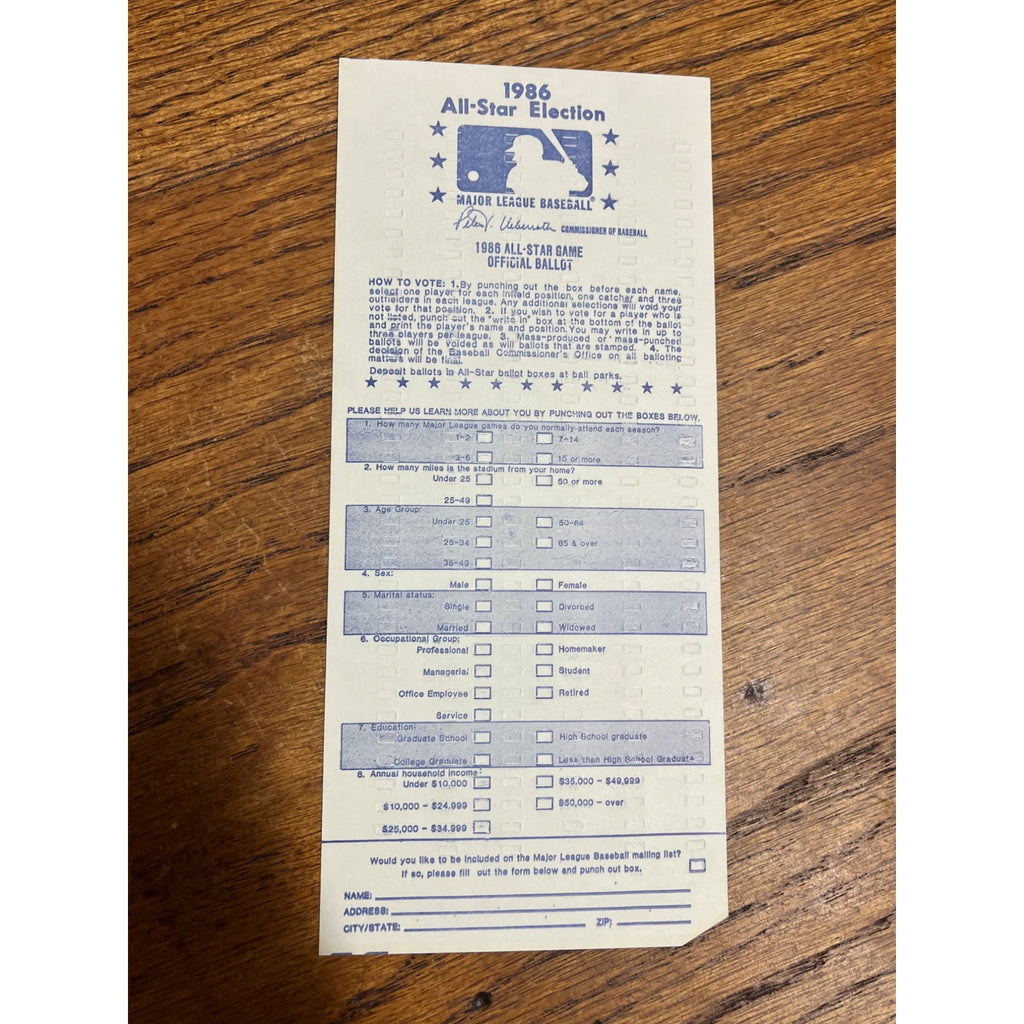Vintage 1986 Official MLB All-Star Voting Ballot Unused - Houston