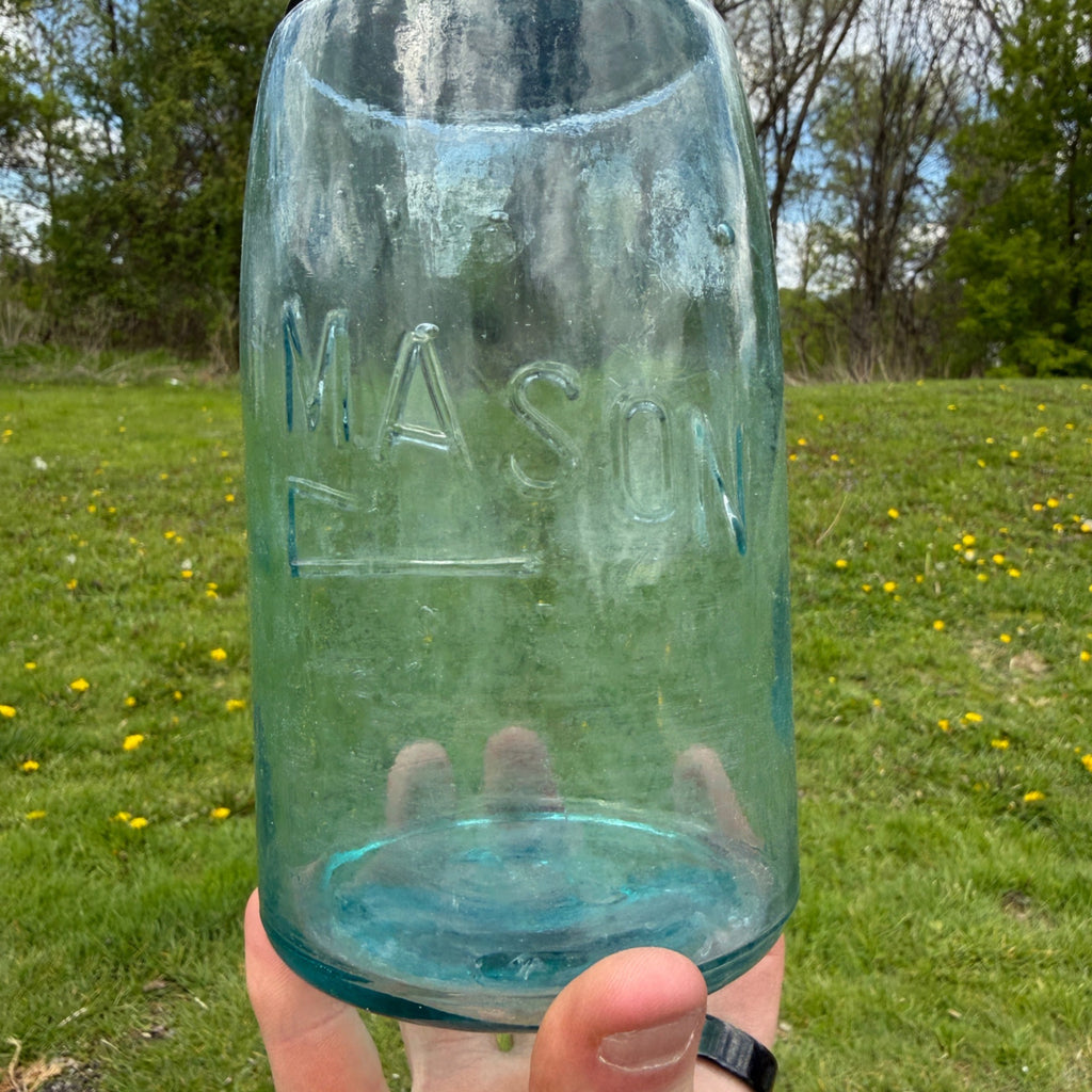 Antique Blue Aqua Mason Jar Shepard Hook Quart Canning Jar #26 W/ Lid
