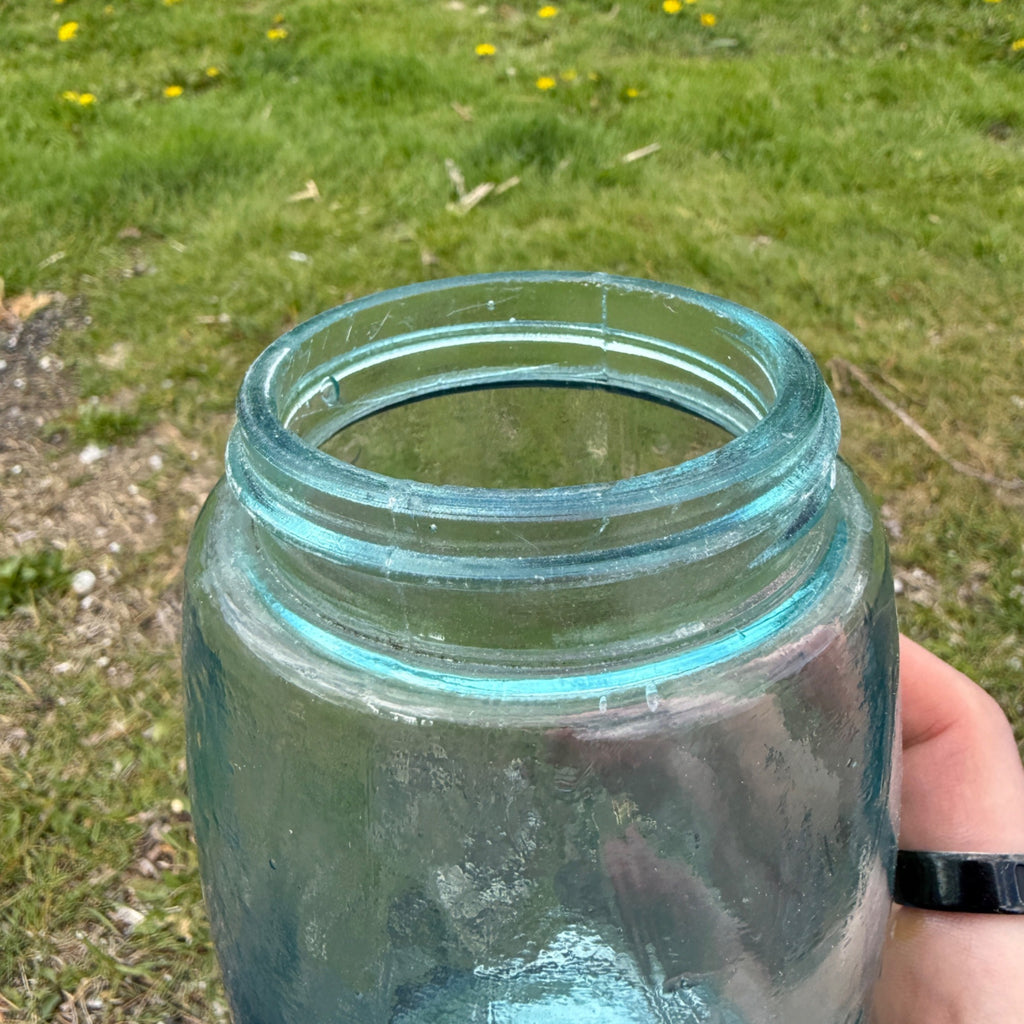 Antique Blue Aqua Mason Jar Shepard Hook Quart Canning Jar #26 W/ Lid