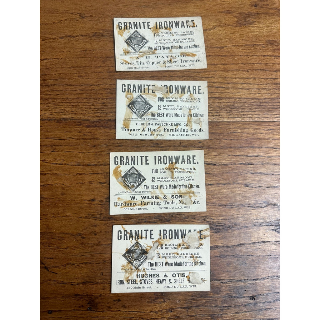 Victorian Granite Iron Ware Trade Cards 1890s Advertising (4) Enamelware Cast Iron