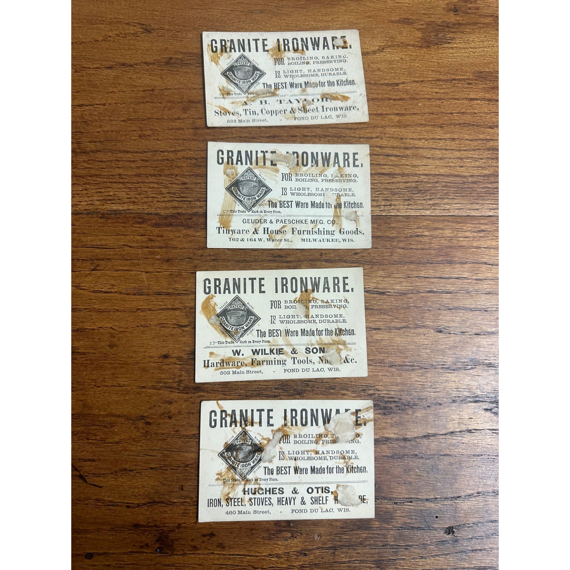 Victorian Granite Iron Ware Trade Cards 1890s Advertising (4) Enamelware Cast Iron
