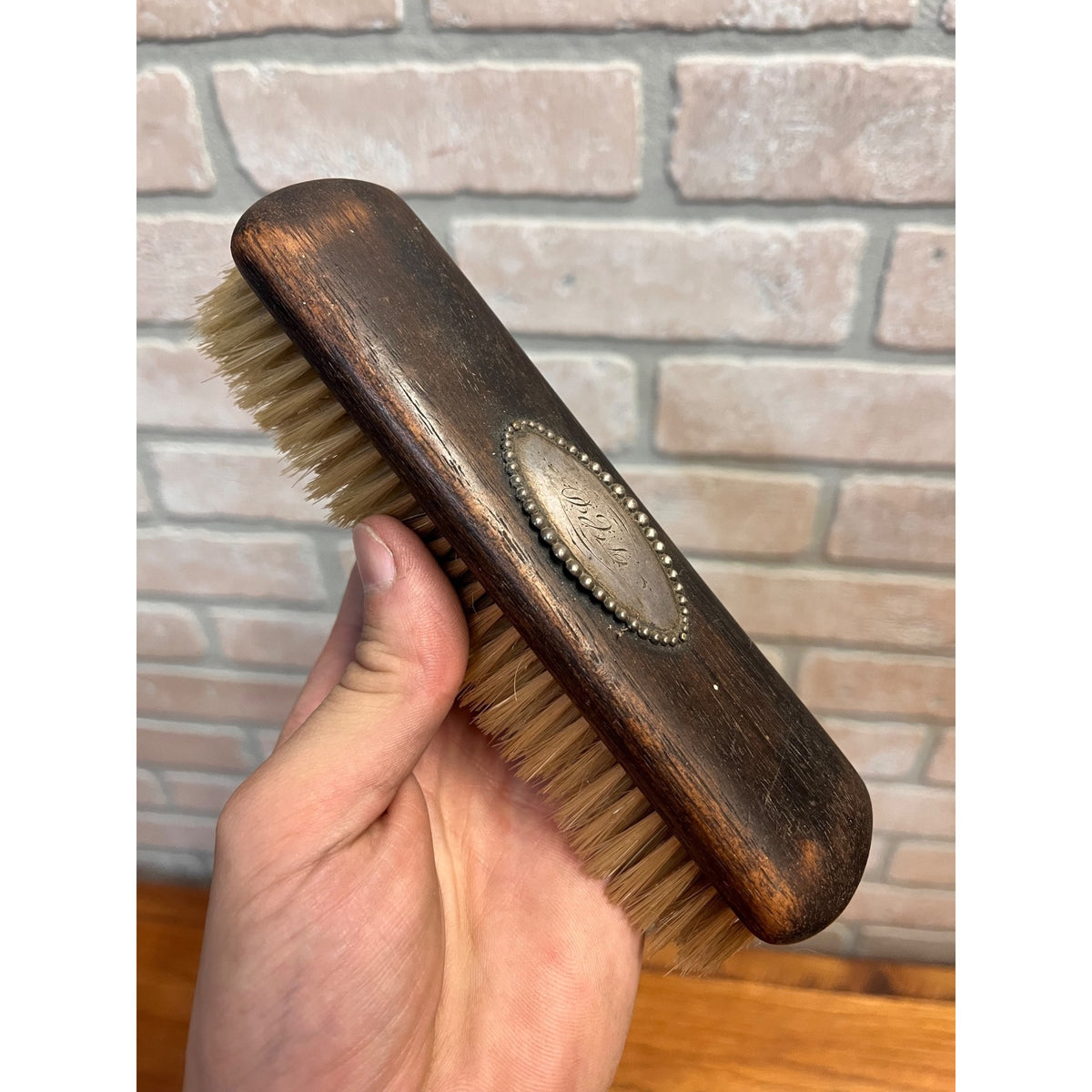 Antique Ebony Wood Handle Clothes Brush w/ Sterling Tag Monogram Victorian