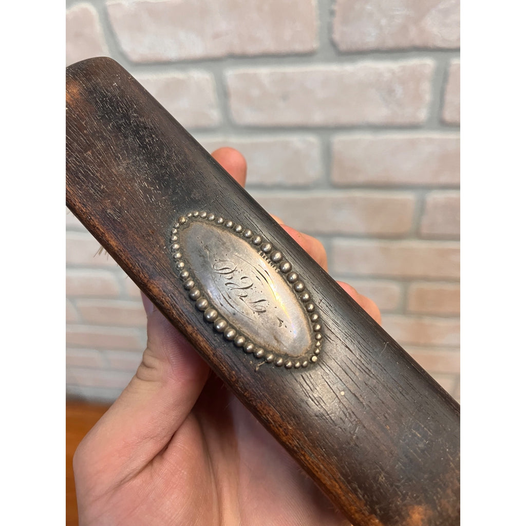 Antique Ebony Wood Handle Clothes Brush w/ Sterling Tag Monogram Victorian