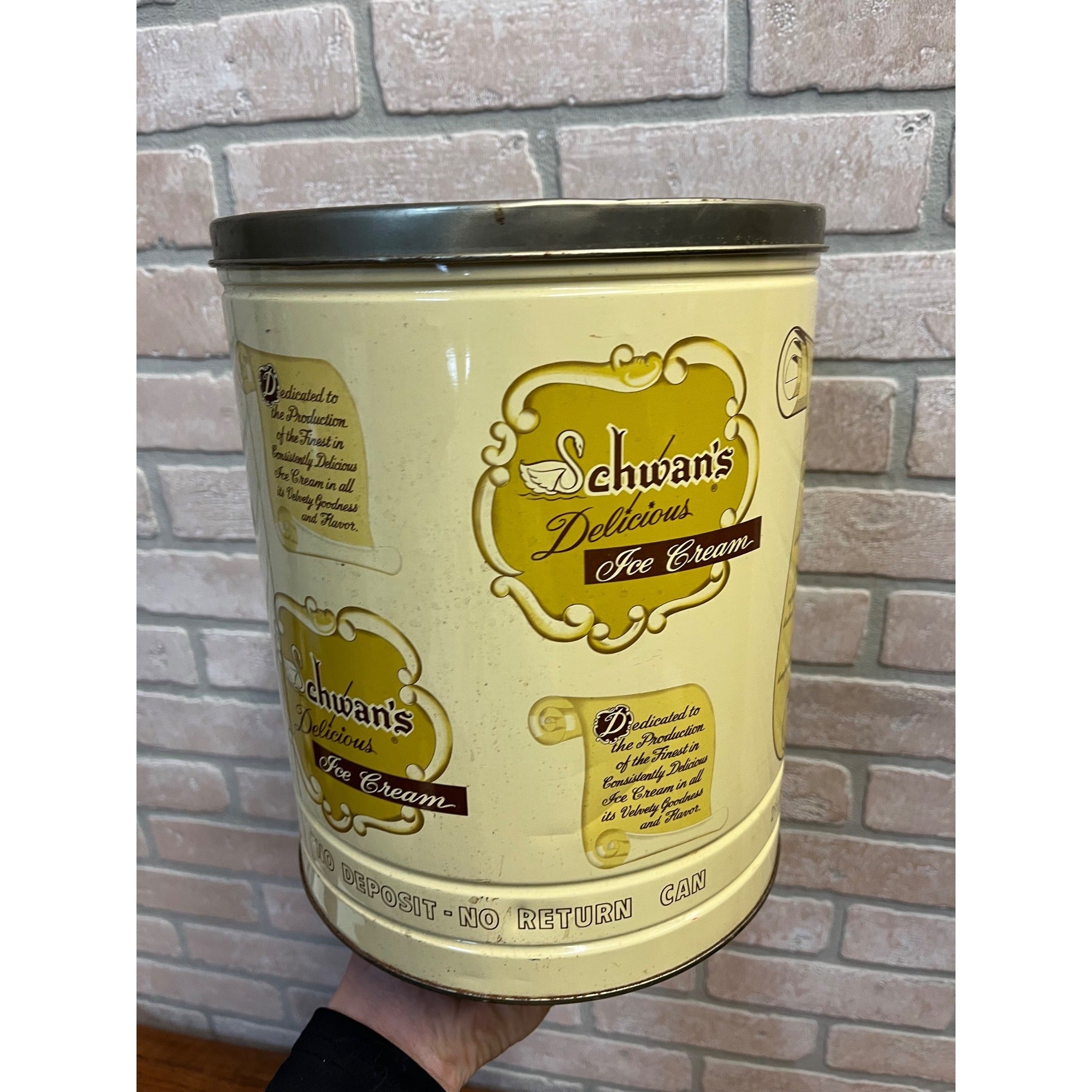 Vintage Schwans 2.5 Gallon Ice Cream Tin Can Container- Returnable Kitchen Decor