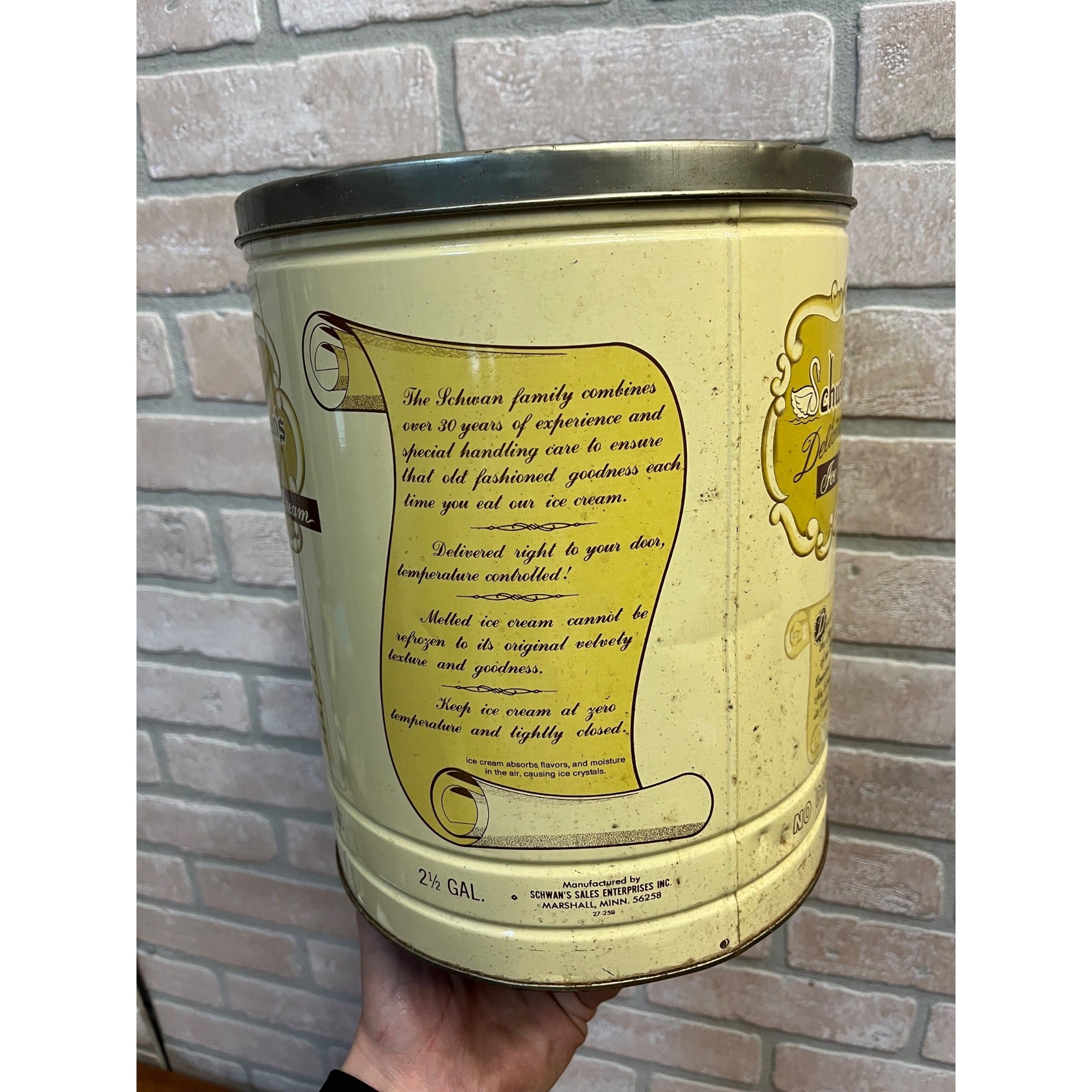 Vintage Schwans 2.5 Gallon Ice Cream Tin Can Container- Returnable Kitchen Decor