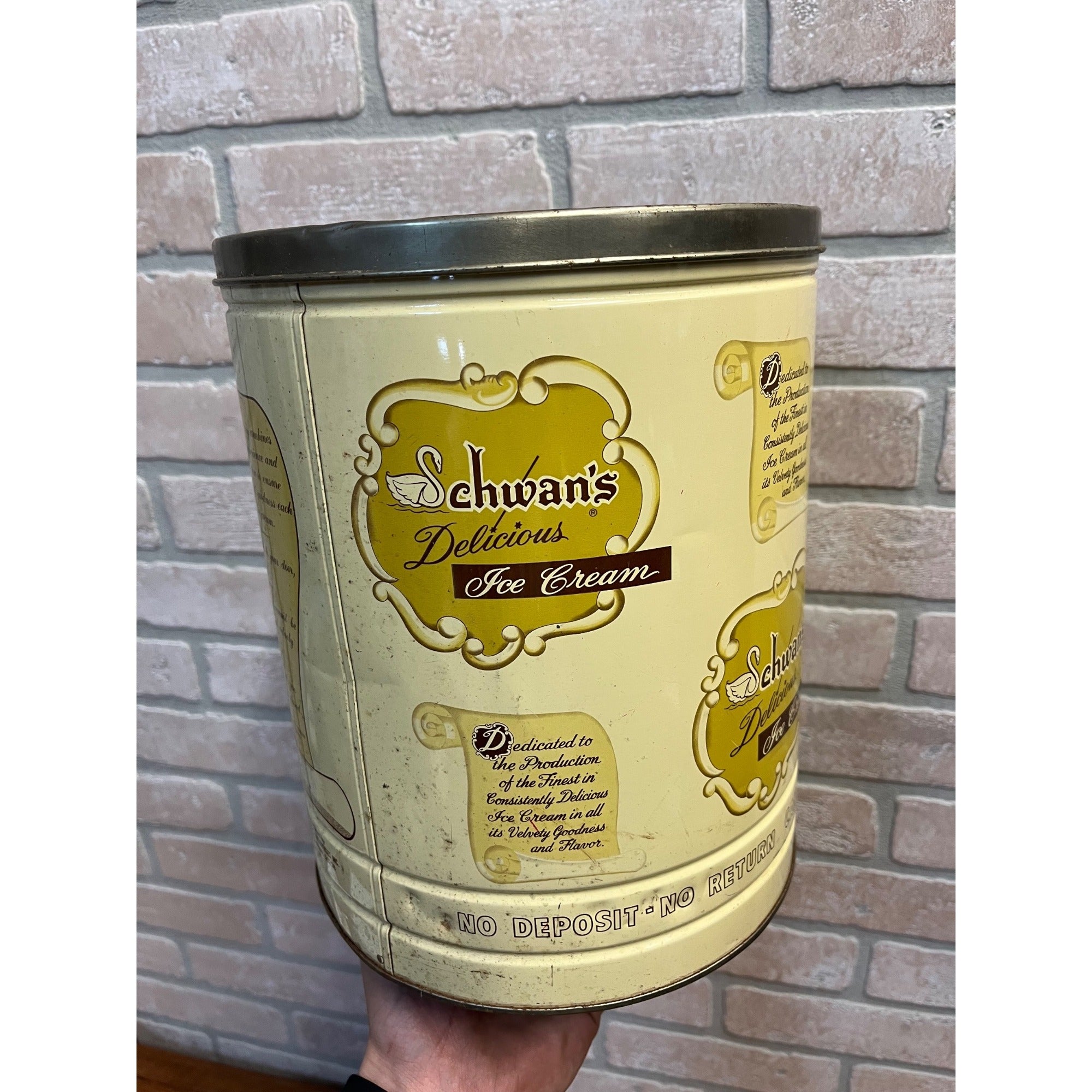 Vintage Schwans 2.5 Gallon Ice Cream Tin Can Container- Returnable Kitchen Decor