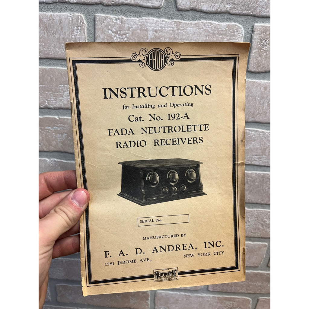 Vintage FADA Neutrolette Radio Receivers No. 192-A Instructions Manual