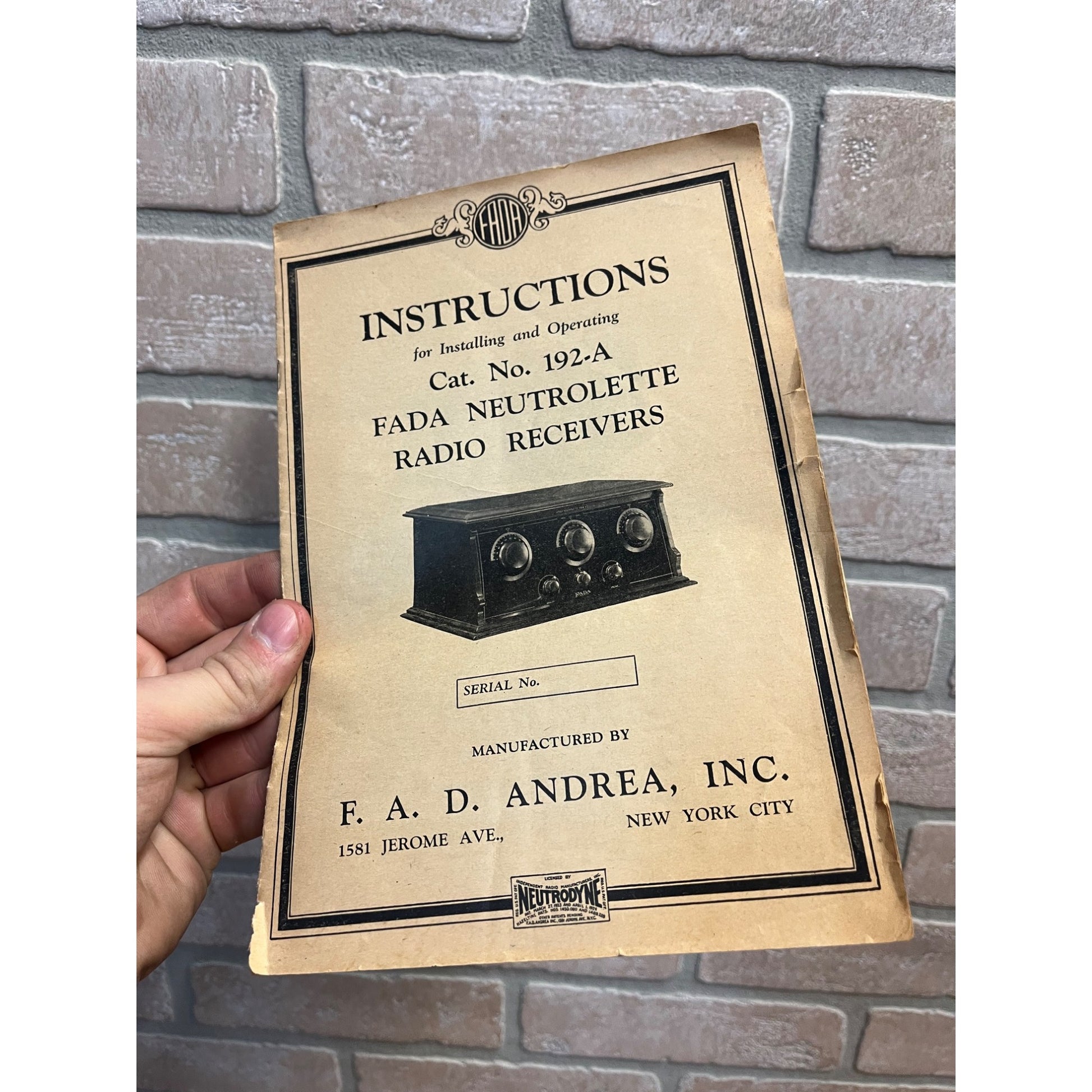 Vintage FADA Neutrolette Radio Receivers No. 192-A Instructions Manual