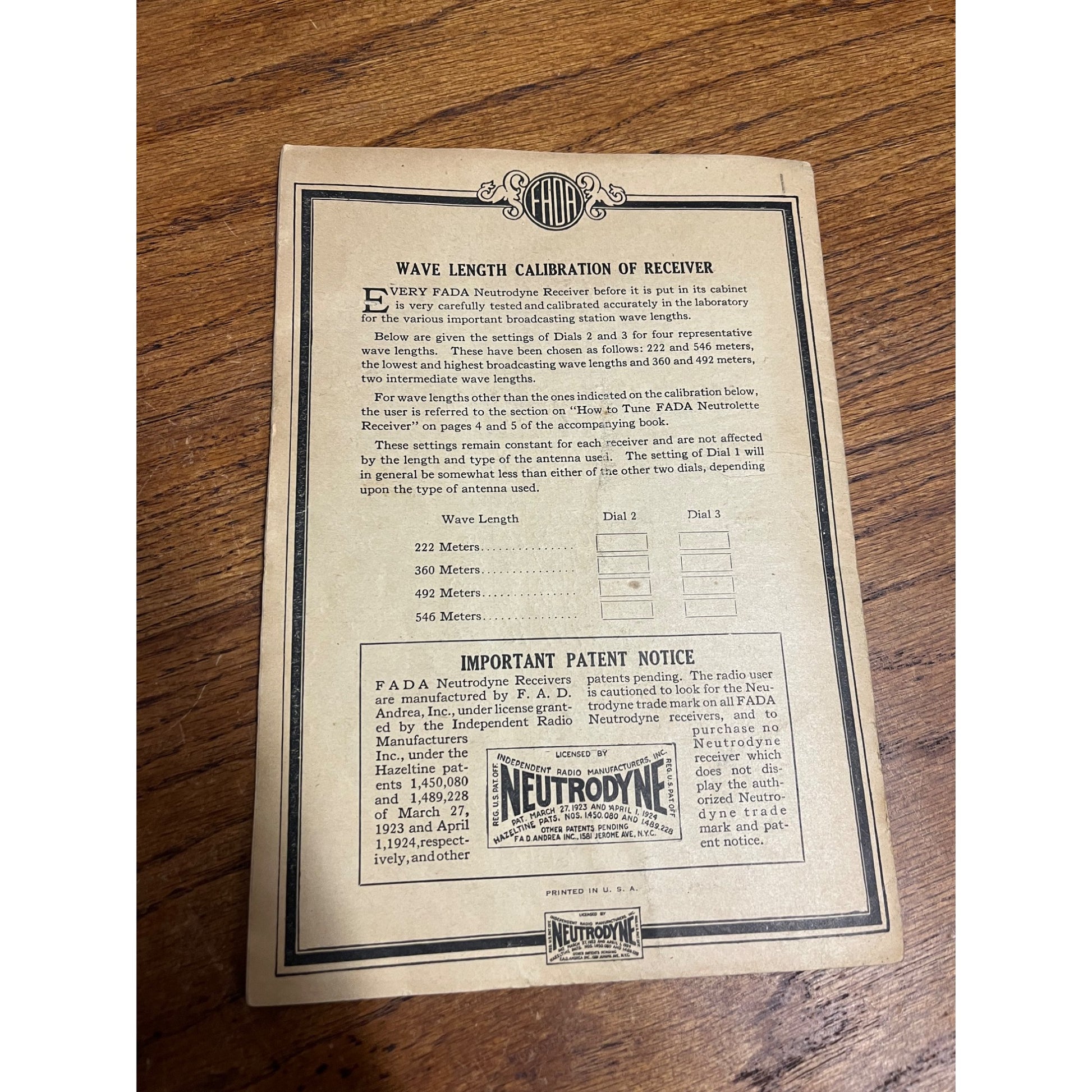 Vintage FADA Neutrolette Radio Receivers No. 192-A Instructions Manual