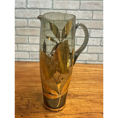 Vintage Bohemia Crystal Glass Gold Gilt Butterfly Smoky Gray 11" Pitcher Vase