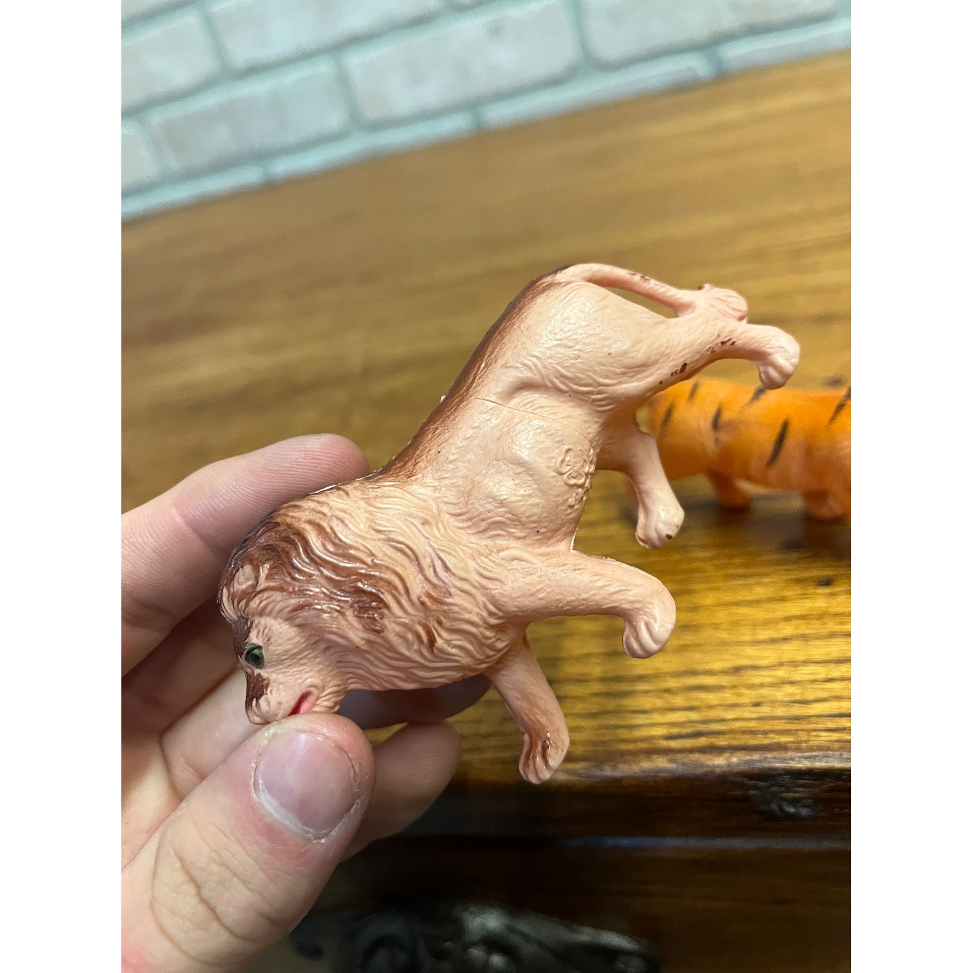 Vintage Lion & Tiger Celluloid Toy Christmas Putz Decoration Ornaments Lot (2)