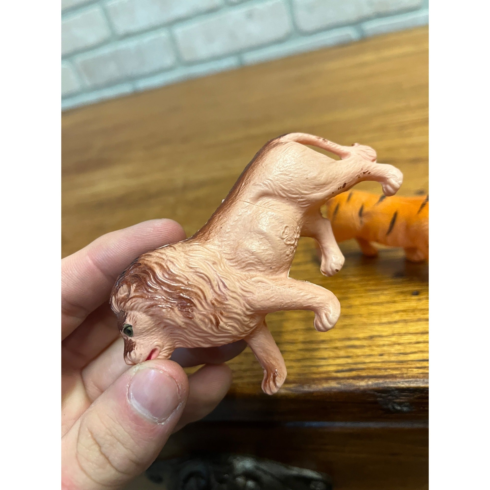 Vintage Lion & Tiger Celluloid Toy Christmas Putz Decoration Ornaments Lot (2)