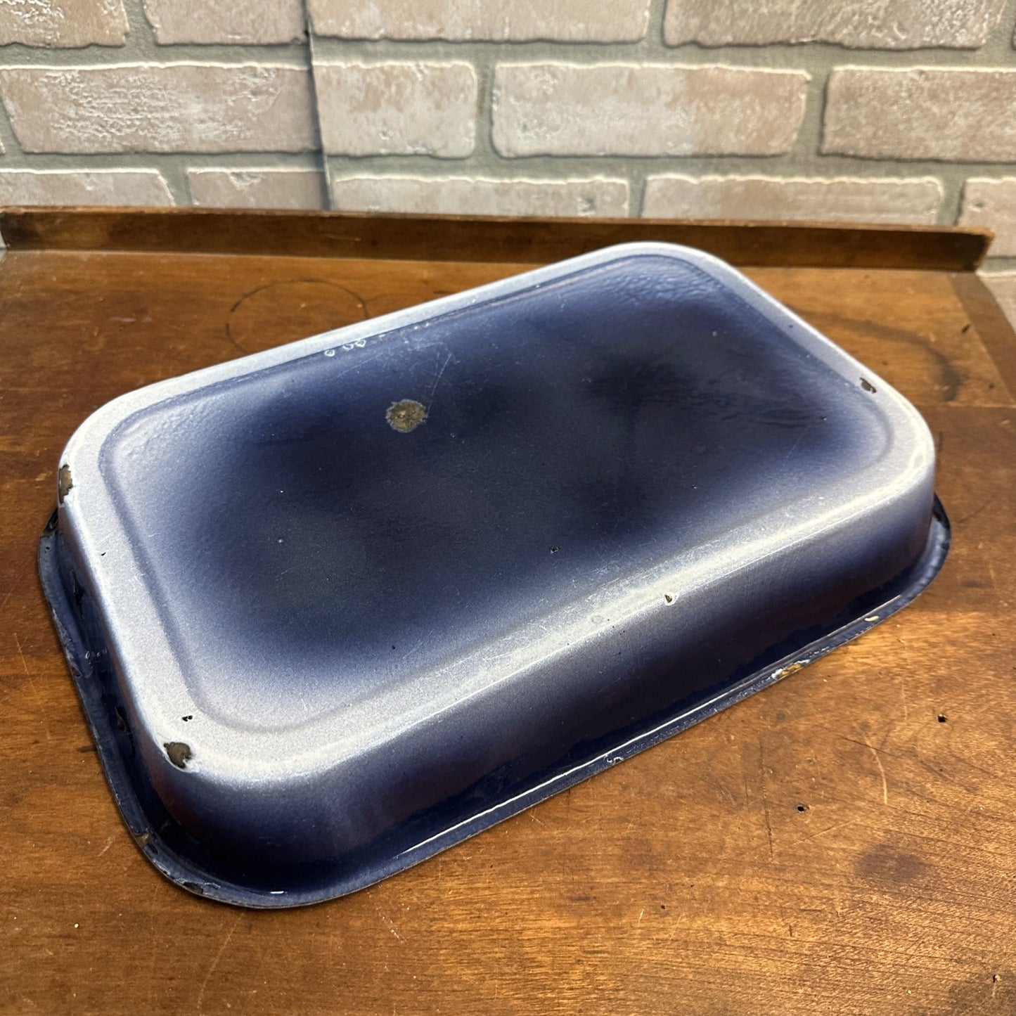 Antique Primitive Blue White Swirl Enamelware Baking Pan Dish Vintage Farmhouse