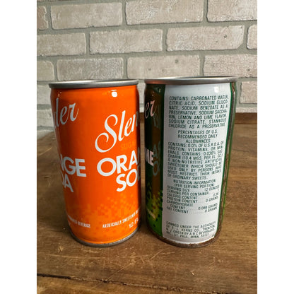 Vintage Slender Soda Pop Cans (2) Orange lemon Lime Steel Pull Tab Flat Top