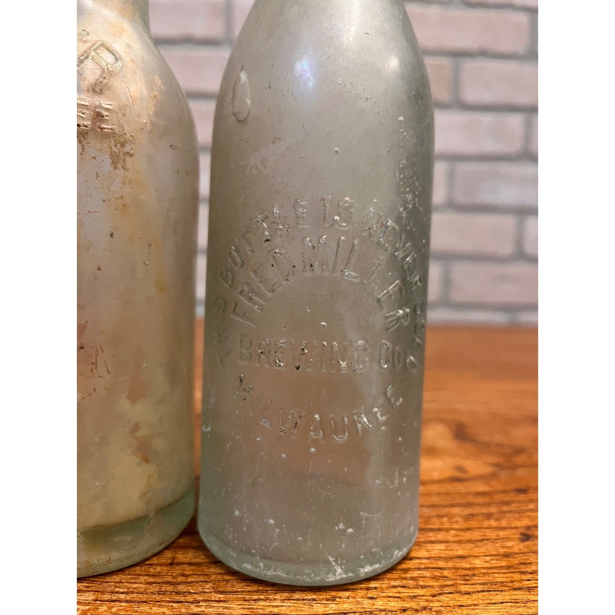 Pre-Prohibition Fred Miller Embossed Aqua Beer Bottles Milwaukee Wis WI Brewing Co.
