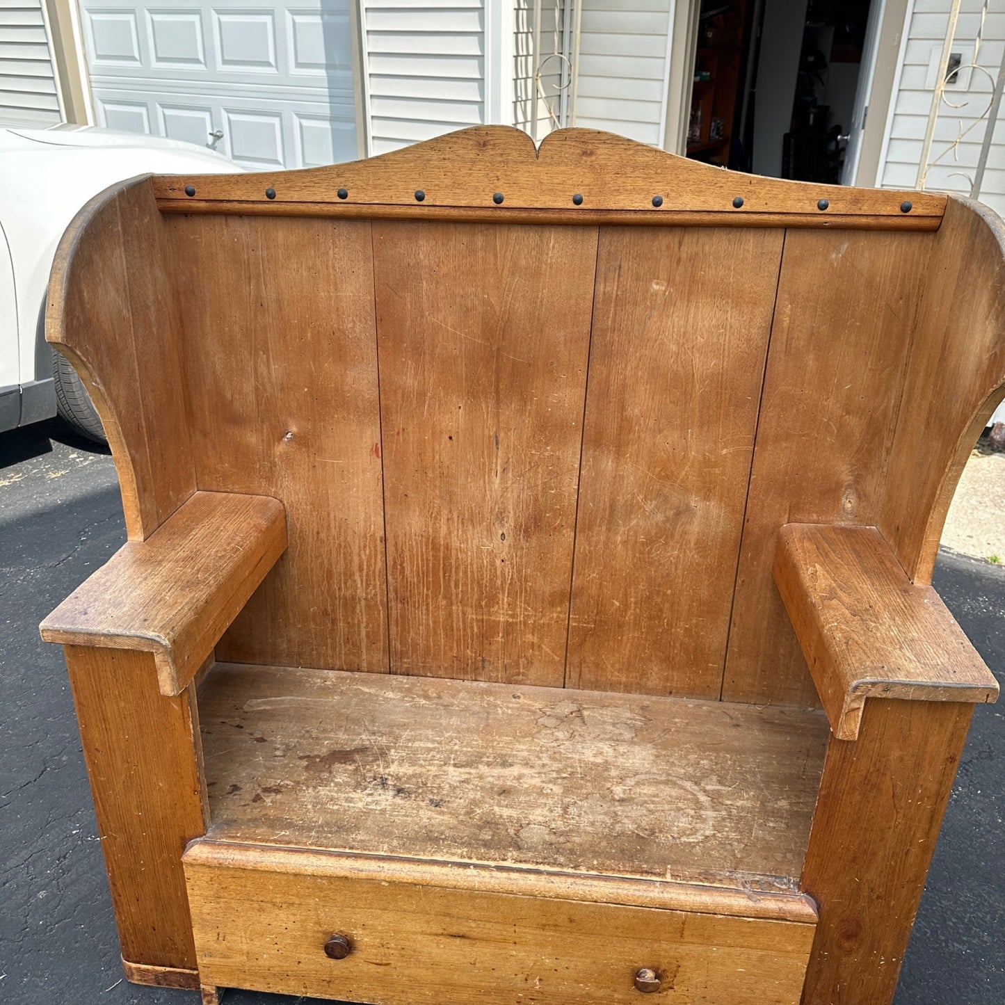 Antique Primitive Wooden Tall-Back Bench Seat Handmade