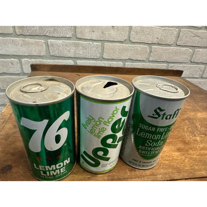 Vintage Lemon Lime Soda Cans Pull Tab Steel Flat Top Lot (3) Upper 10 Staff 76