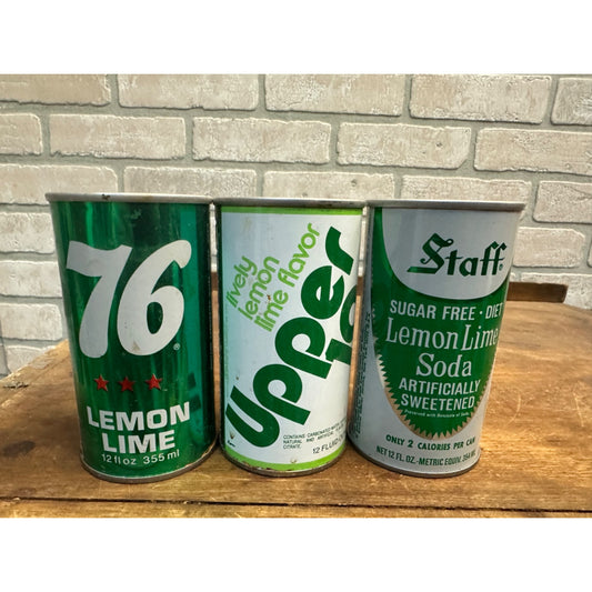 Vintage Lemon Lime Soda Cans Pull Tab Steel Flat Top Lot (3) Upper 10 Staff 76