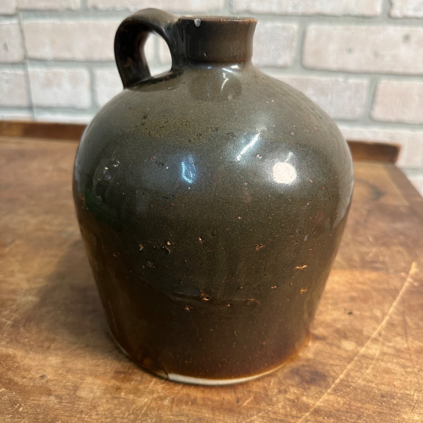 Antique 7-1/2" Gray-ish Brown Stoneware Jug Moonshine W/ Handle Unmarked Glazed