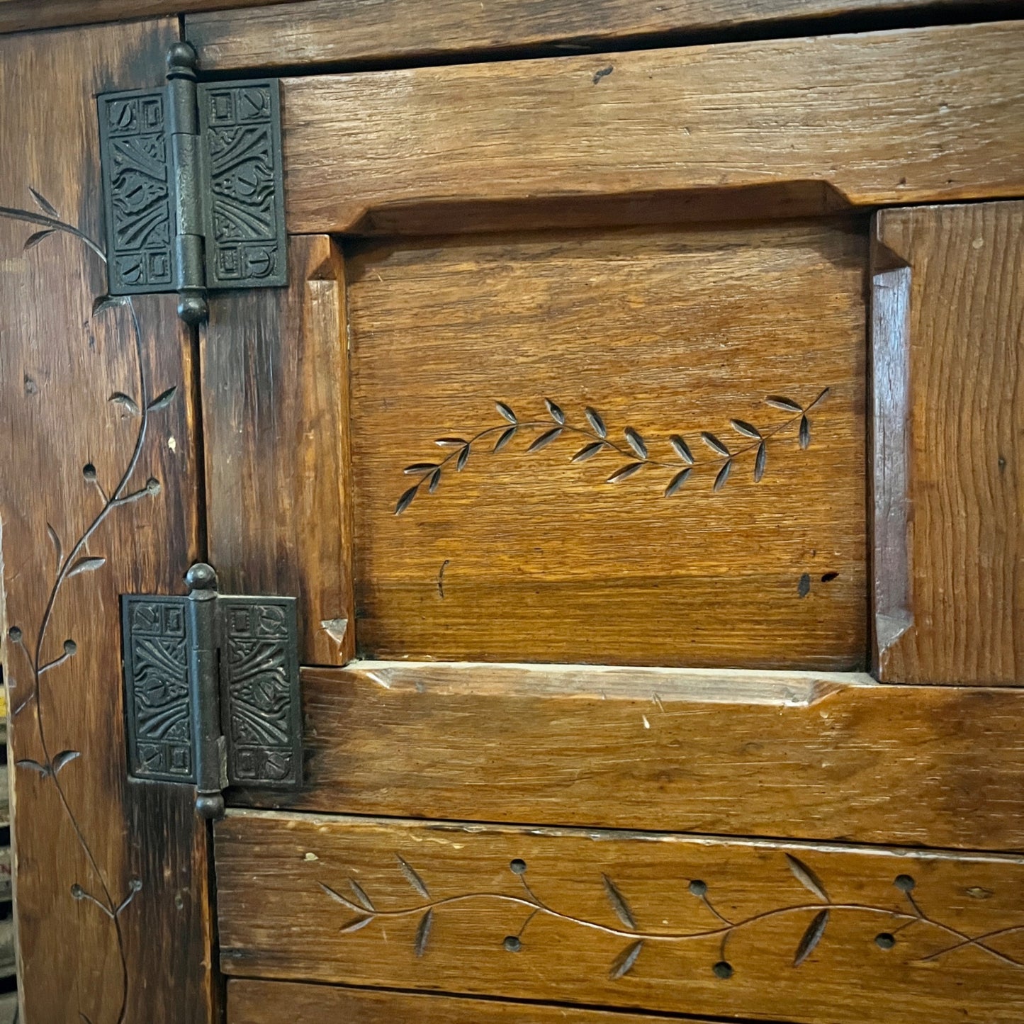 Antique Primitive c1880s Wooden Ice Box Cabinet  w/ Orante Spoon Carvings