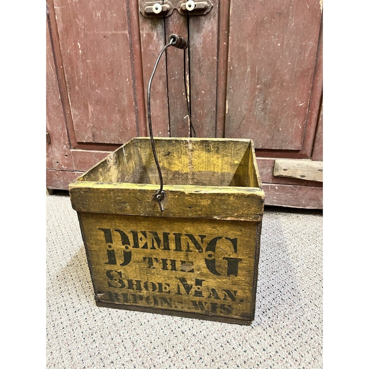 Antique Primitive Wooden Egg Crate Shoe Advertising Mustard Yellow Ripon Wis