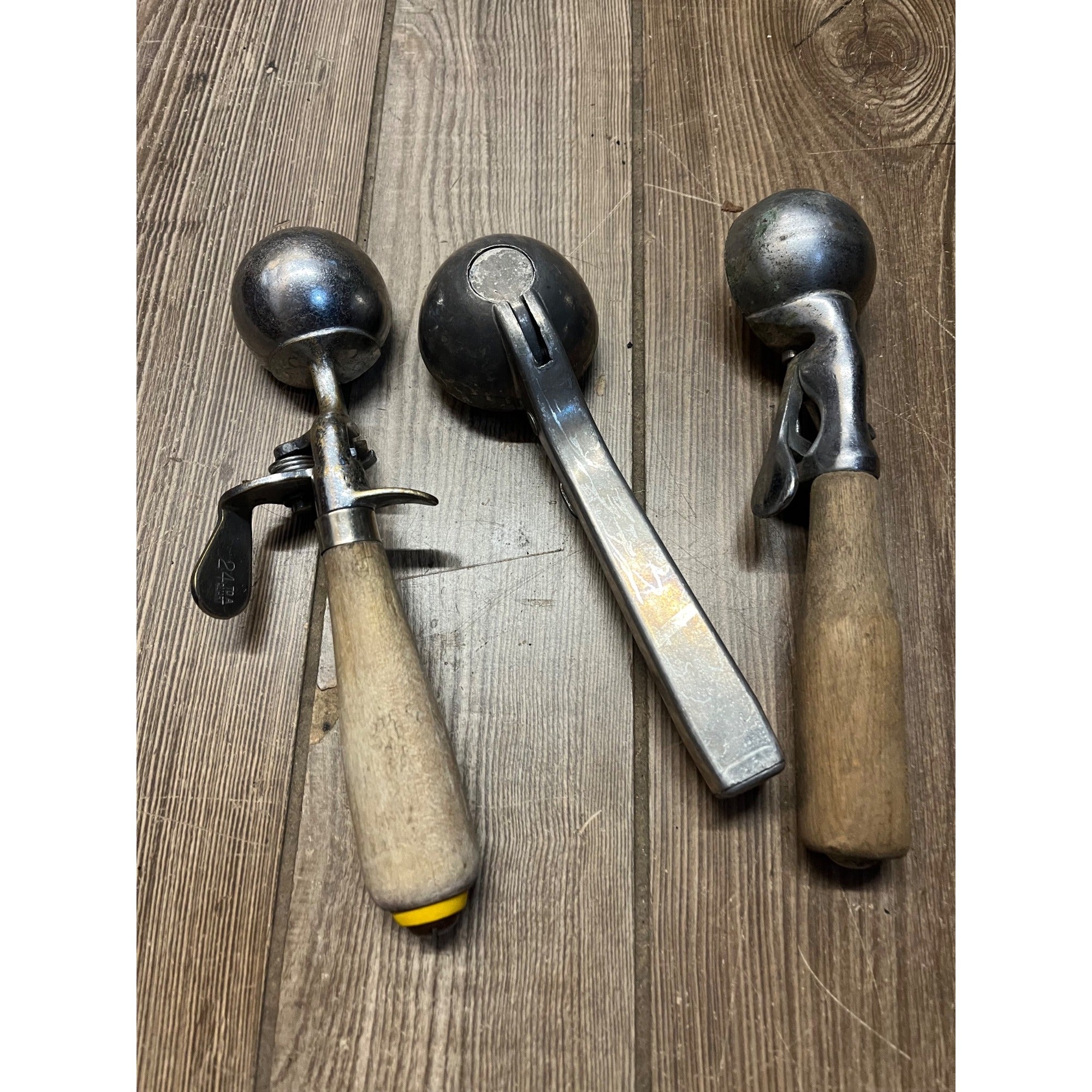 Antique Vintage Lot (3) Ice Cream Scoops Scoopers Kitchen Decor Wood Handle Release Push