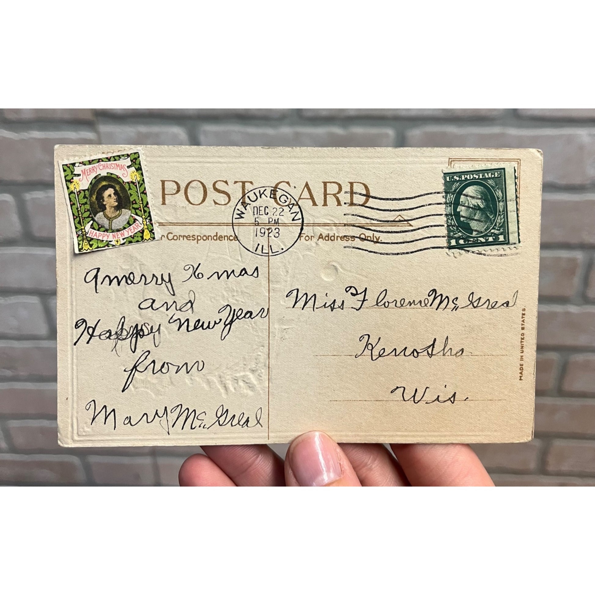 Vintage 1923 Christmas Postcard w/ Christmas Seal Tied US American Red Cross