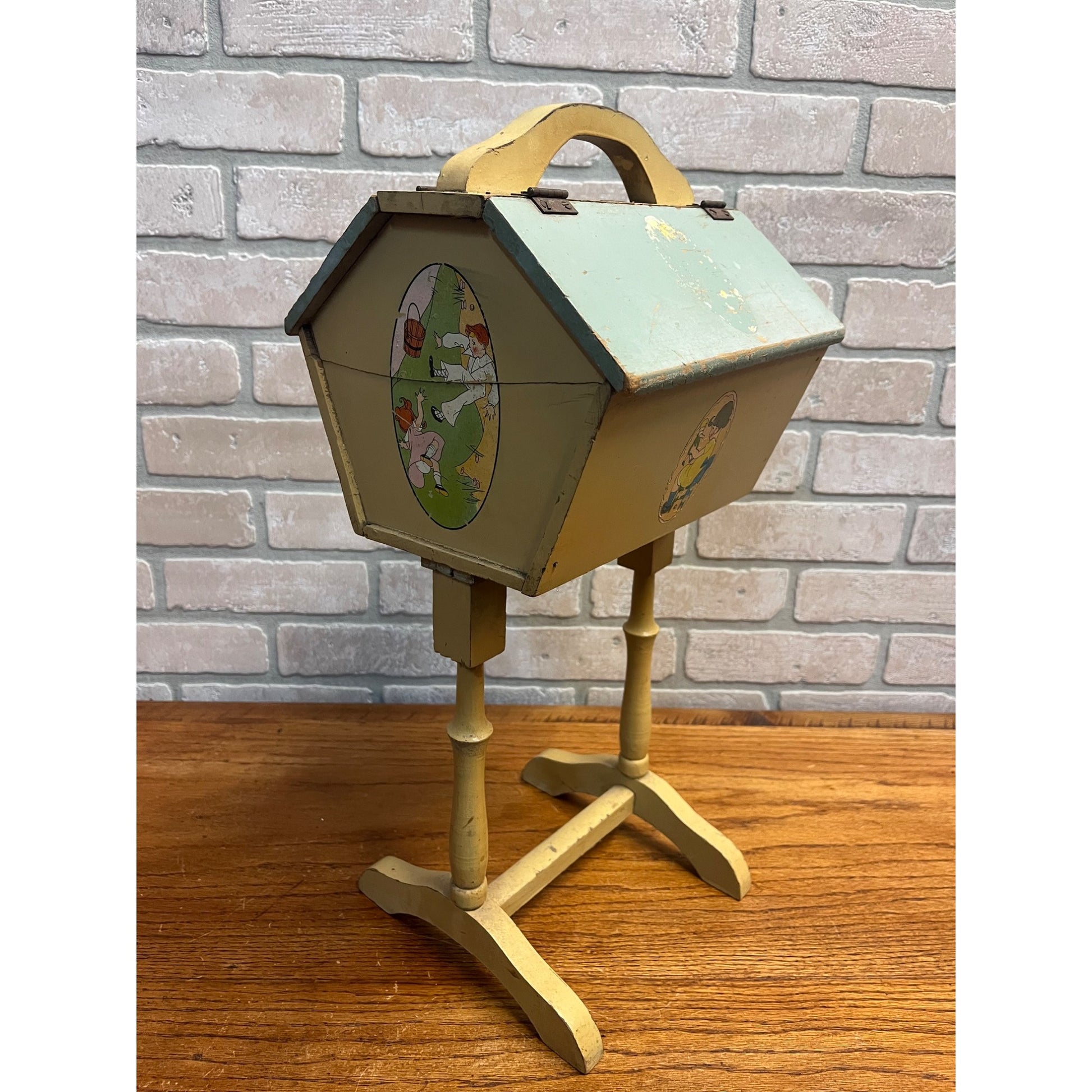 Vintage Handcrafted Folk Art Wood Child's Flip Top Sewing Box Stand Jack/Jill