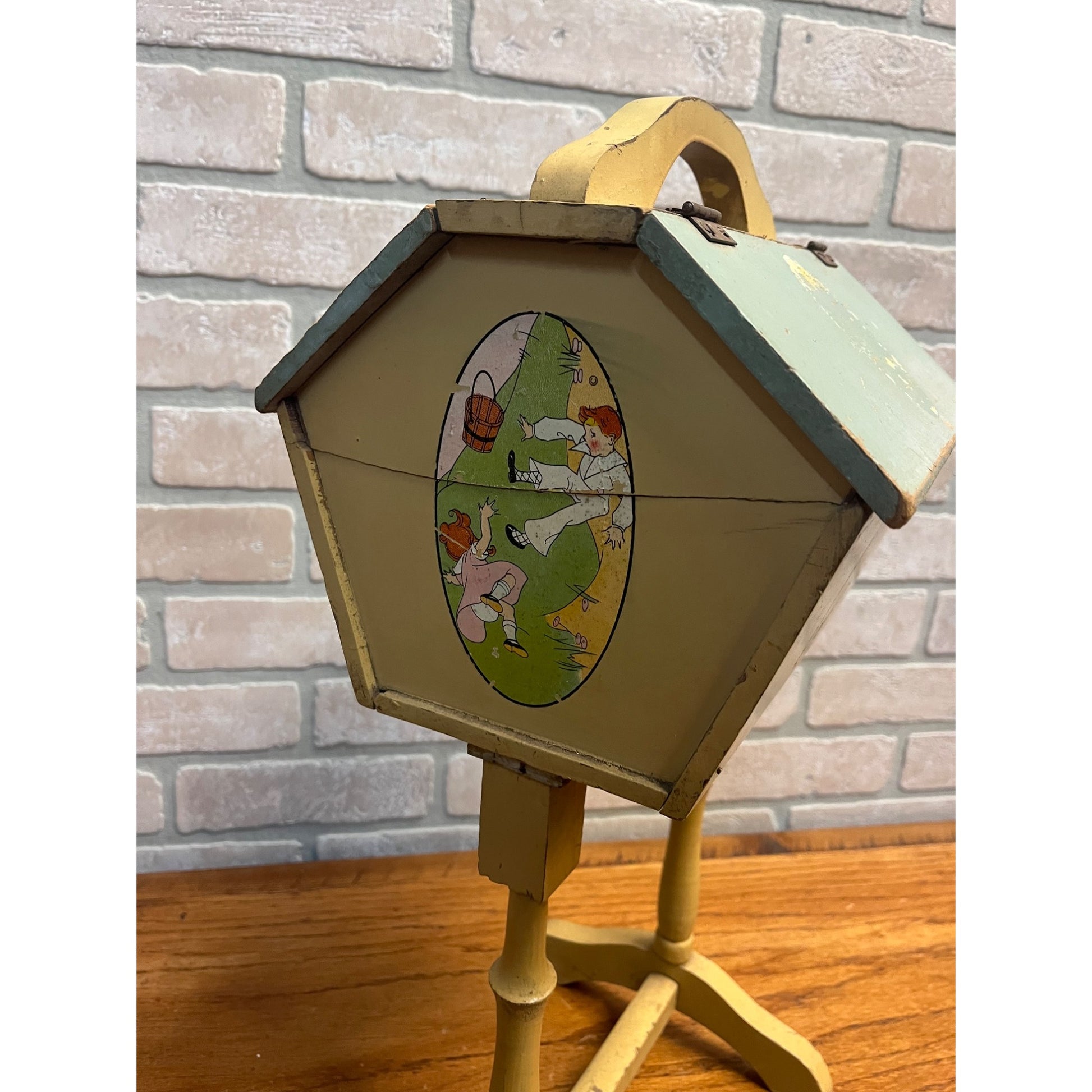 Vintage Handcrafted Folk Art Wood Child's Flip Top Sewing Box Stand Jack/Jill