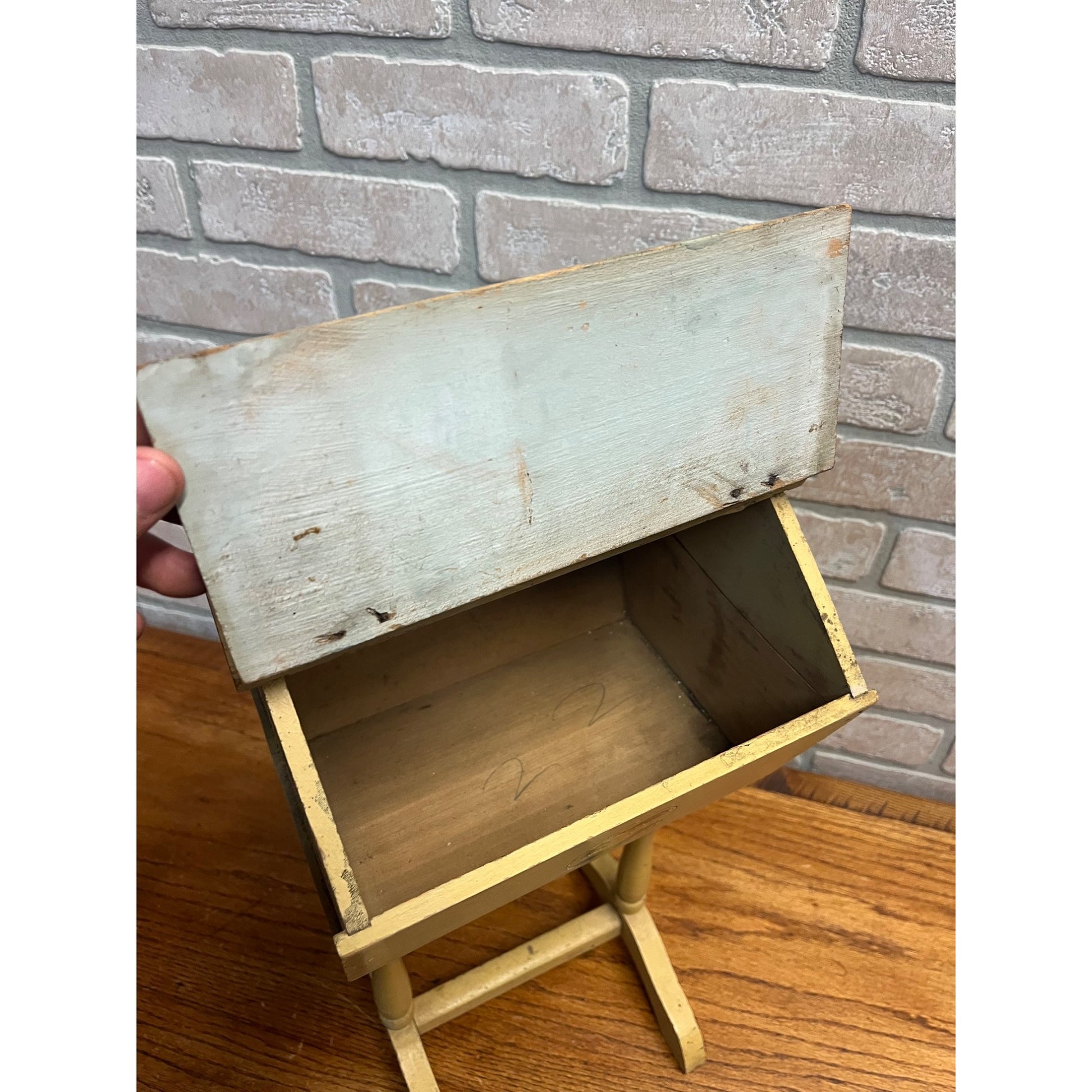 Vintage Handcrafted Folk Art Wood Child's Flip Top Sewing Box Stand Jack/Jill