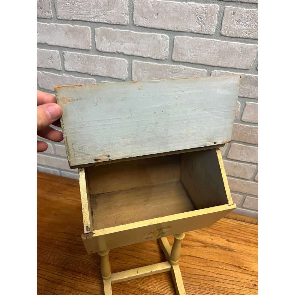 Vintage Handcrafted Folk Art Wood Child's Flip Top Sewing Box Stand Jack/Jill