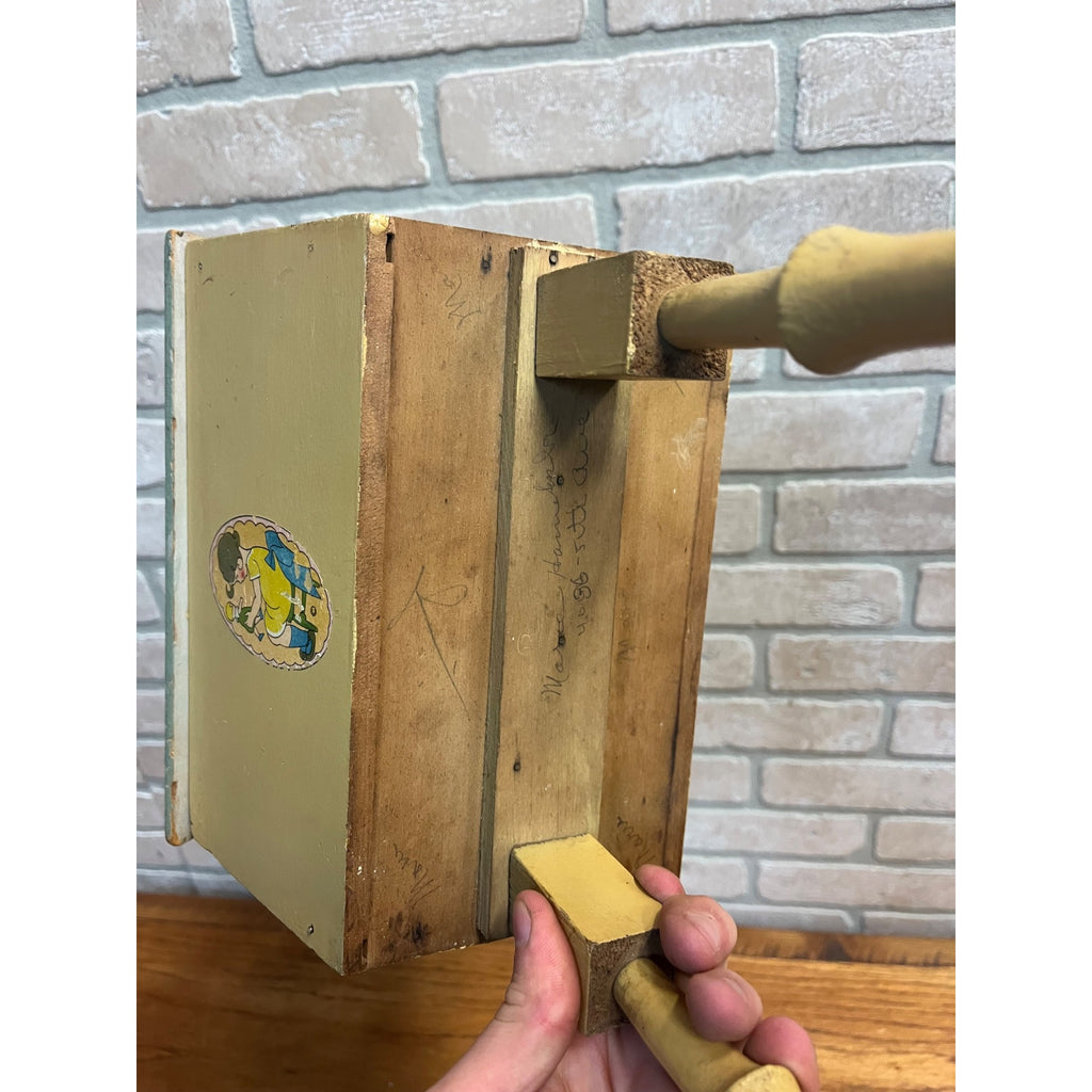 Vintage Handcrafted Folk Art Wood Child's Flip Top Sewing Box Stand Jack/Jill