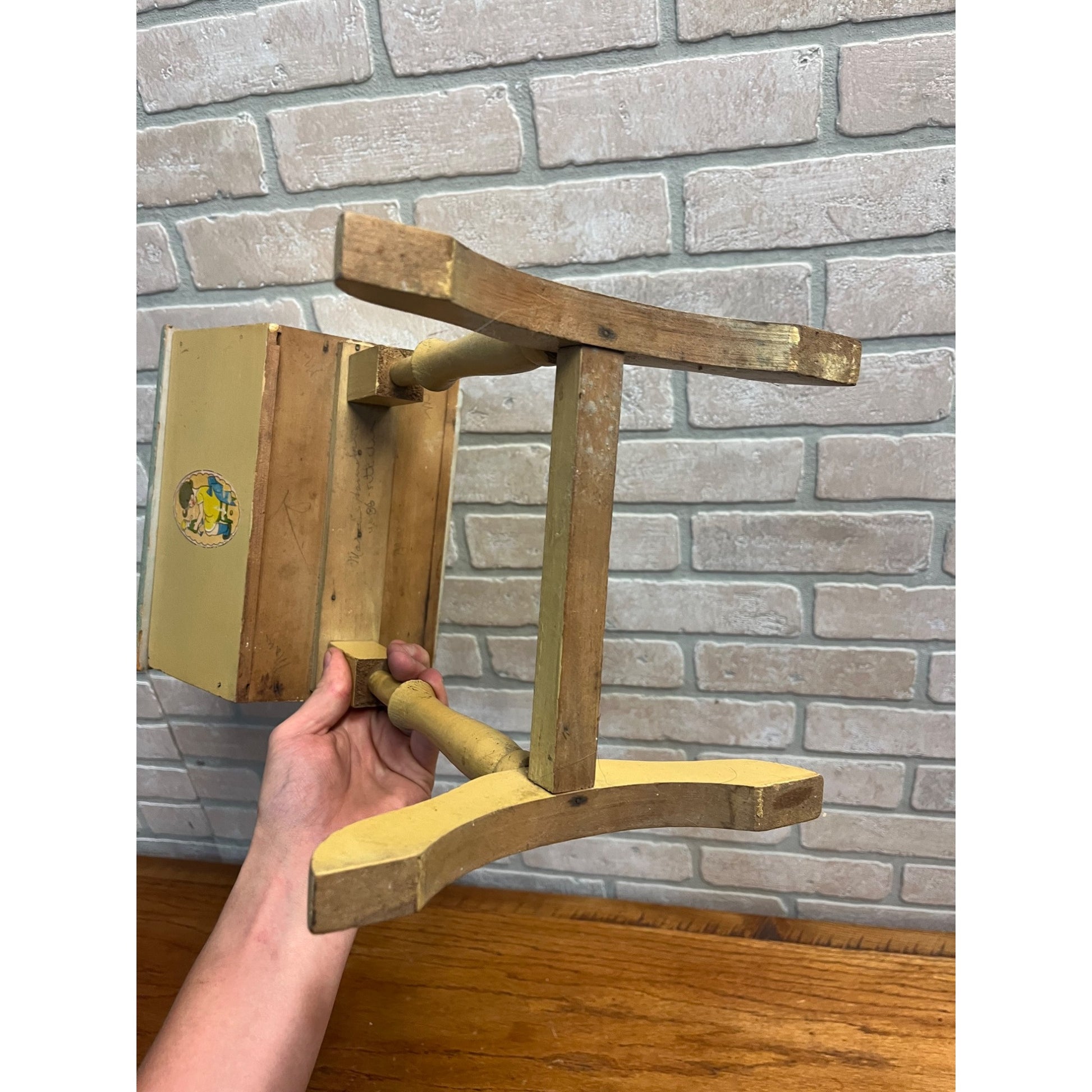 Vintage Handcrafted Folk Art Wood Child's Flip Top Sewing Box Stand Jack/Jill