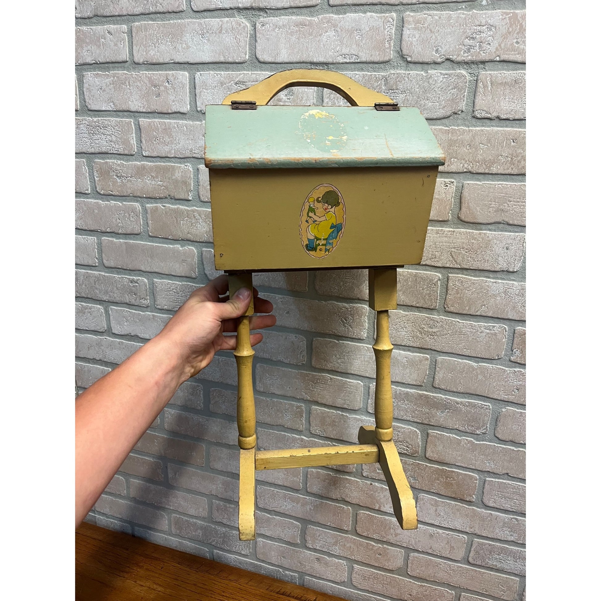 Vintage Handcrafted Folk Art Wood Child's Flip Top Sewing Box Stand Jack/Jill