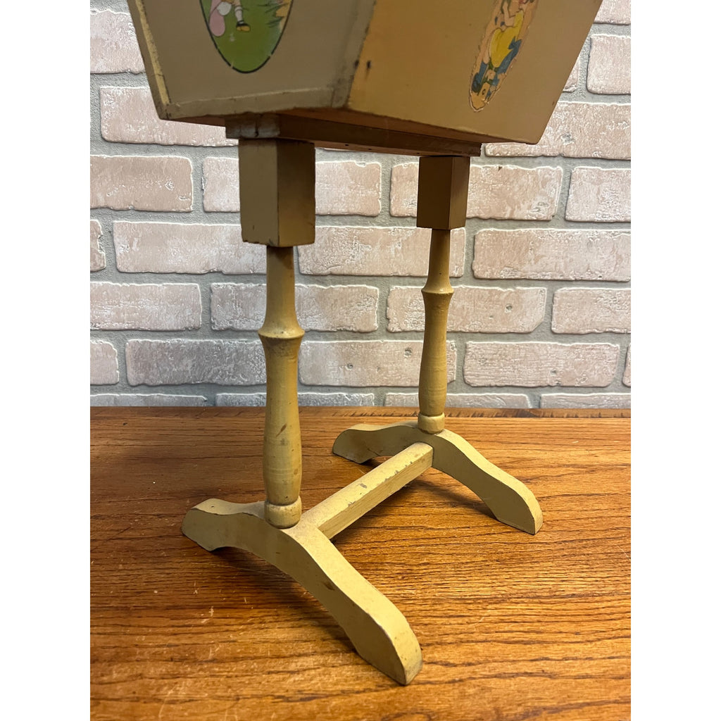 Vintage Handcrafted Folk Art Wood Child's Flip Top Sewing Box Stand Jack/Jill