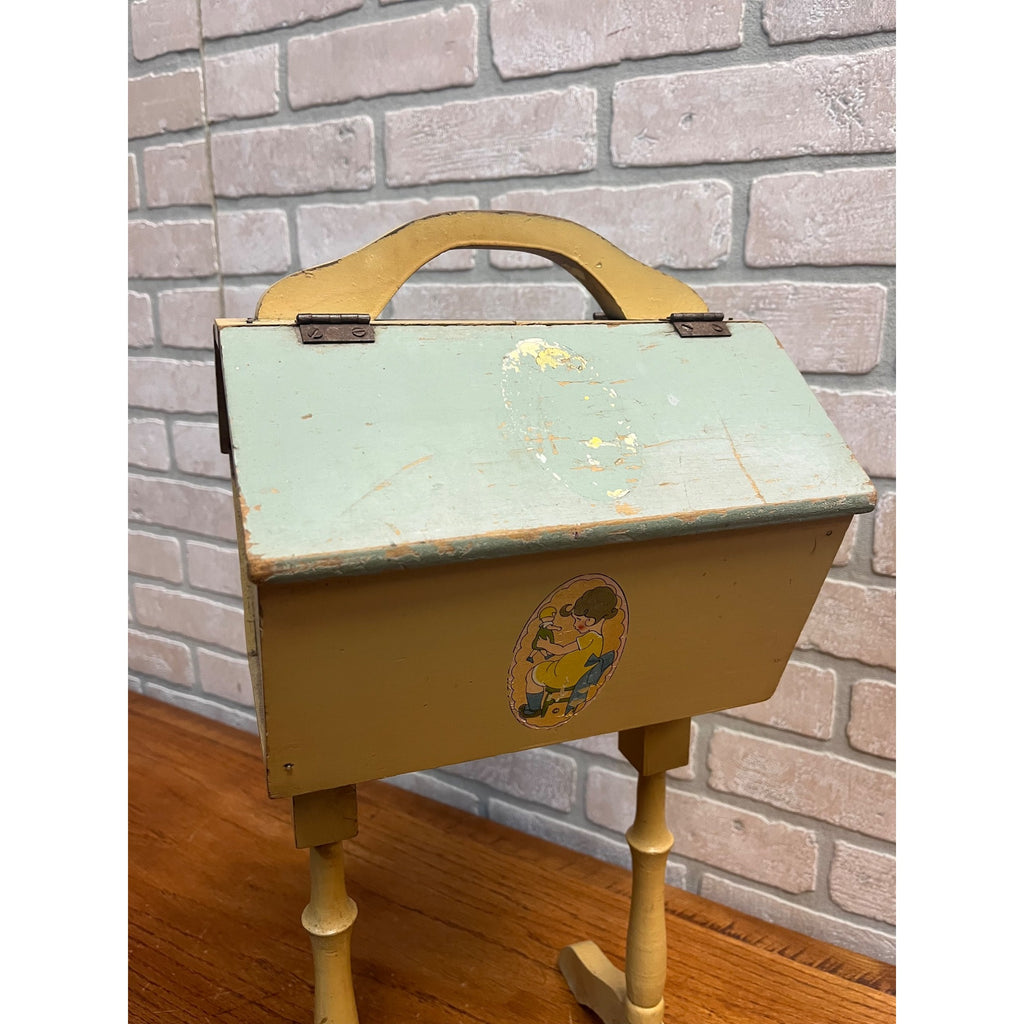 Vintage Handcrafted Folk Art Wood Child's Flip Top Sewing Box Stand Jack/Jill