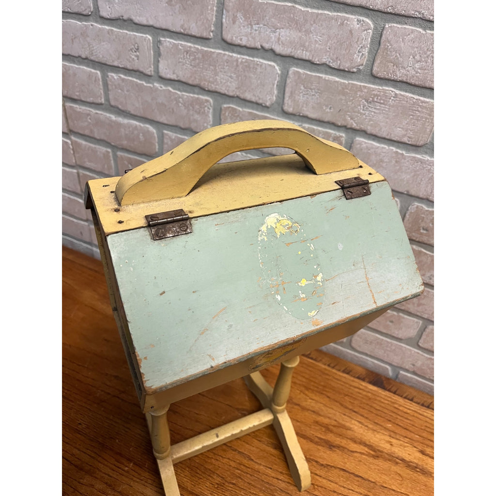 Vintage Handcrafted Folk Art Wood Child's Flip Top Sewing Box Stand Jack/Jill
