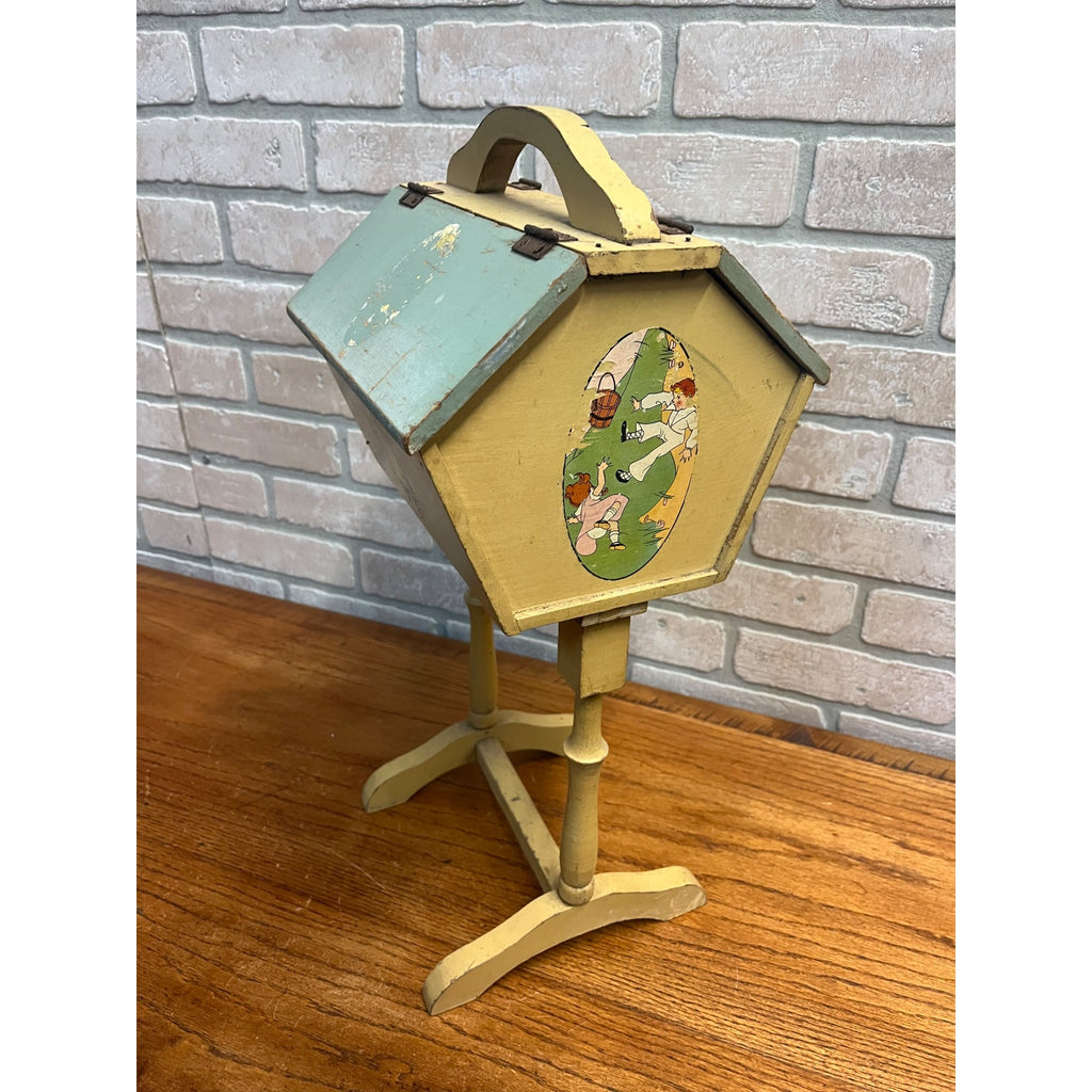 Vintage Handcrafted Folk Art Wood Child's Flip Top Sewing Box Stand Jack/Jill