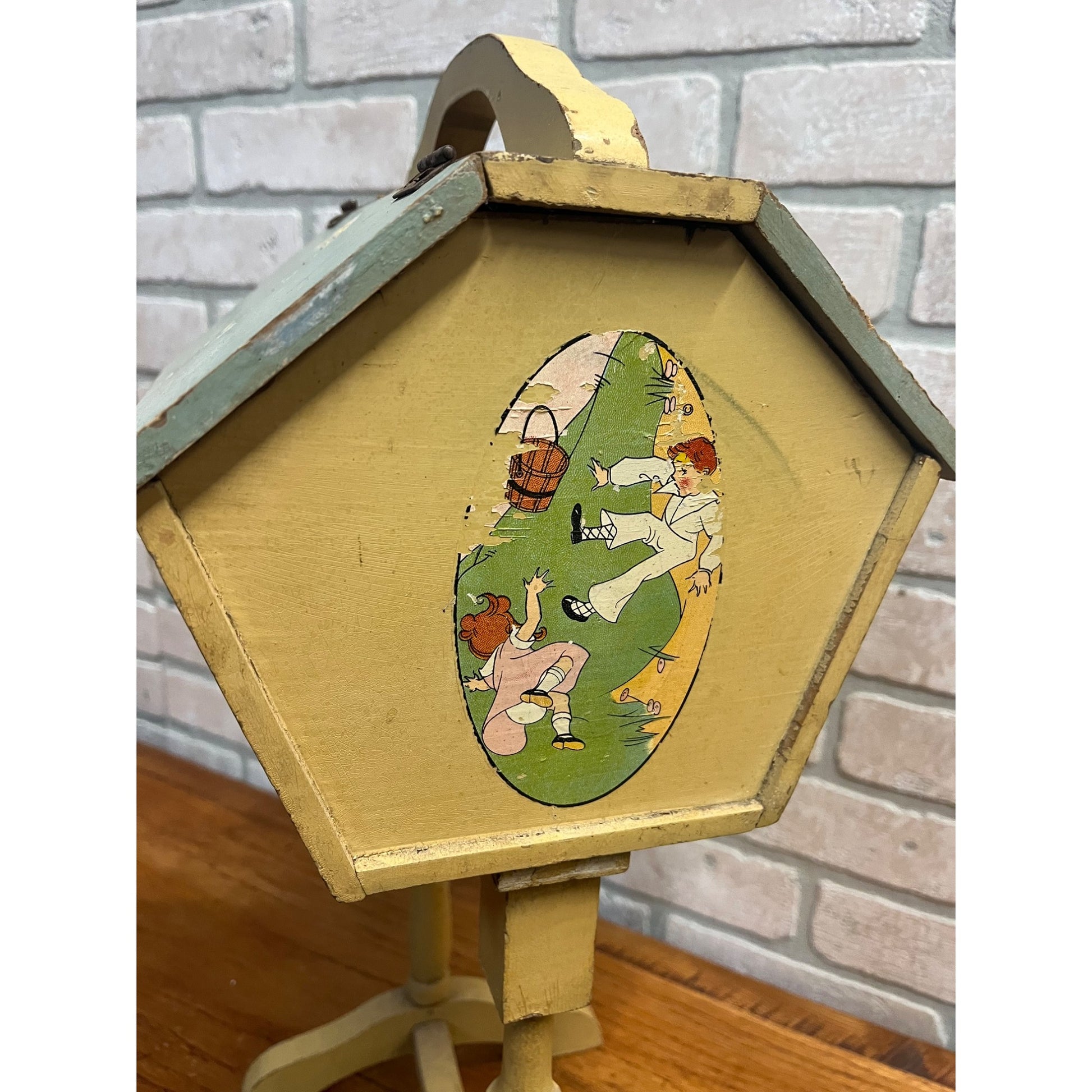 Vintage Handcrafted Folk Art Wood Child's Flip Top Sewing Box Stand Jack/Jill